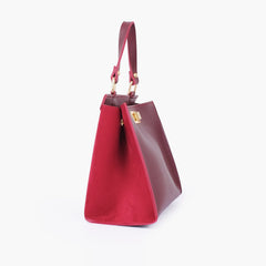 Burgundy suede front lock top-handle mini bag