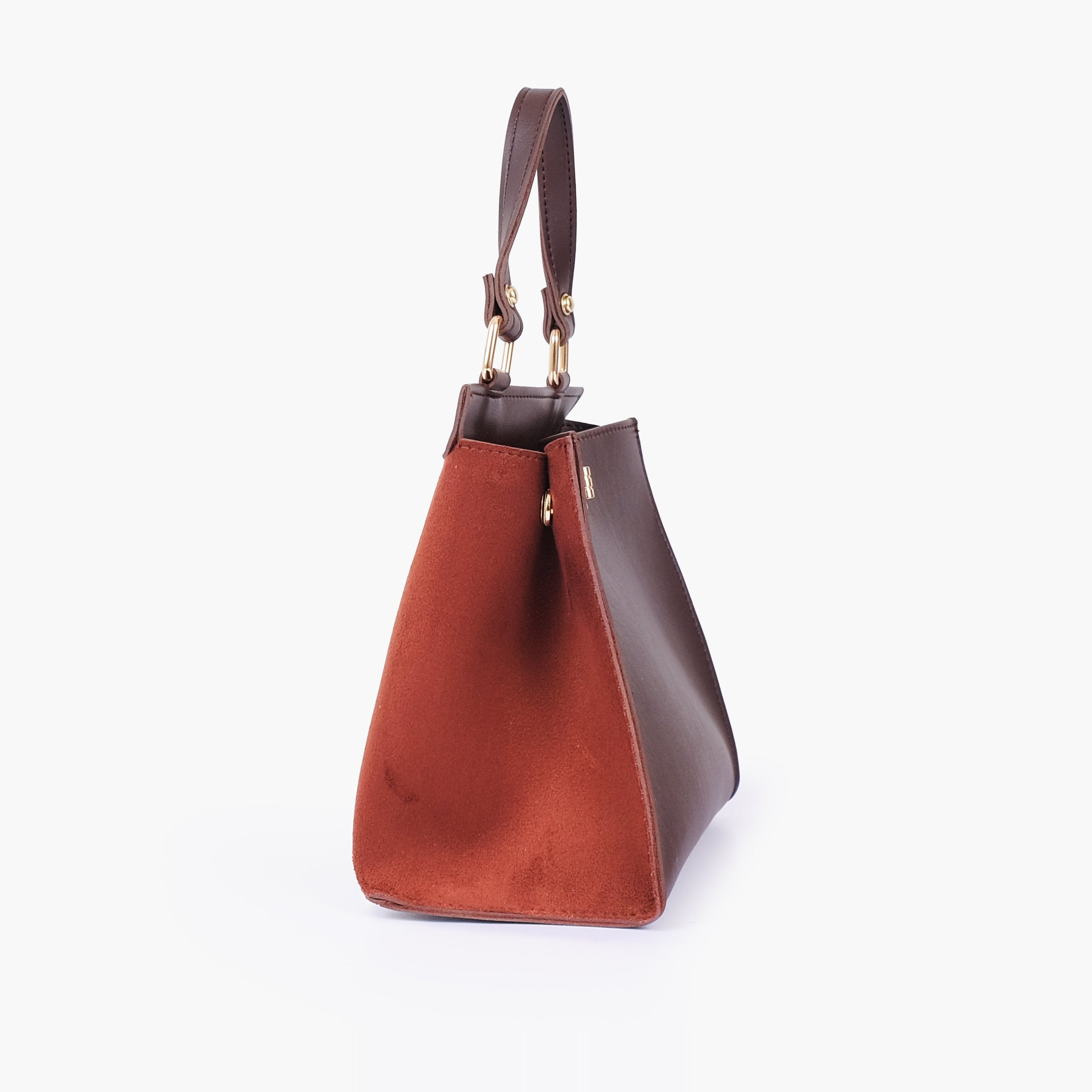 Dark brown suede front lock top-handle mini bag