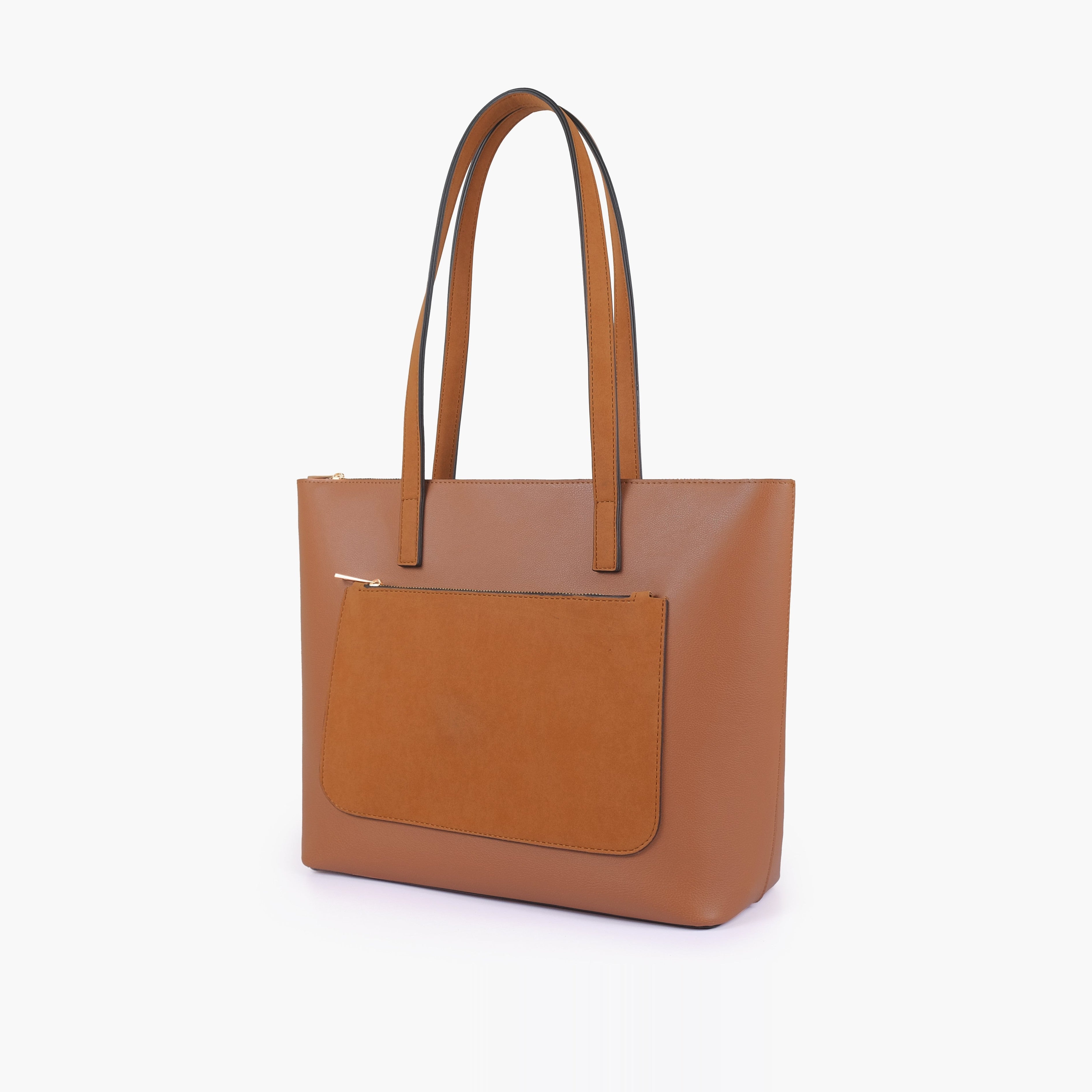 Tan front pocket tote bag