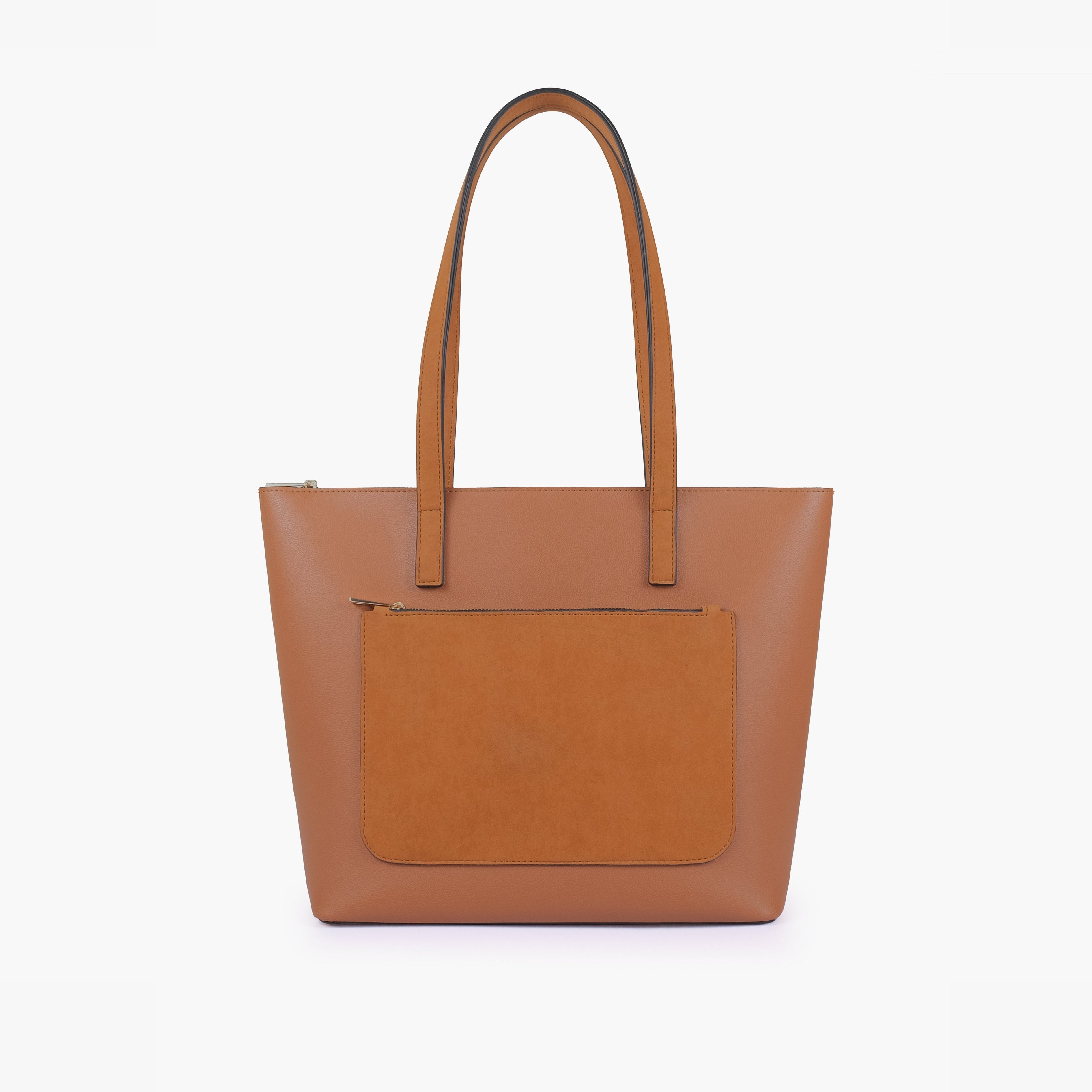 Tan front pocket tote bag