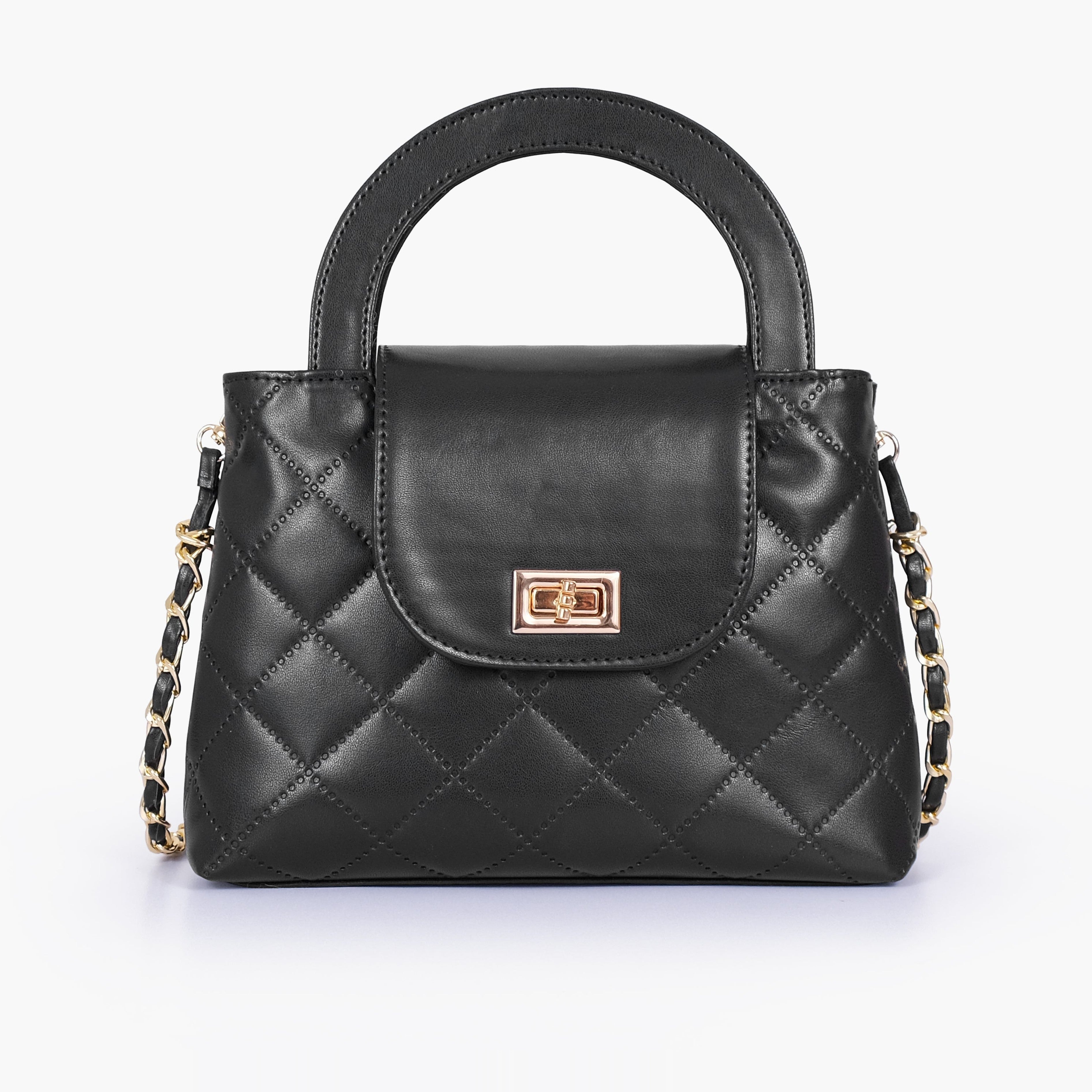 Black flap quilted bag with top handle