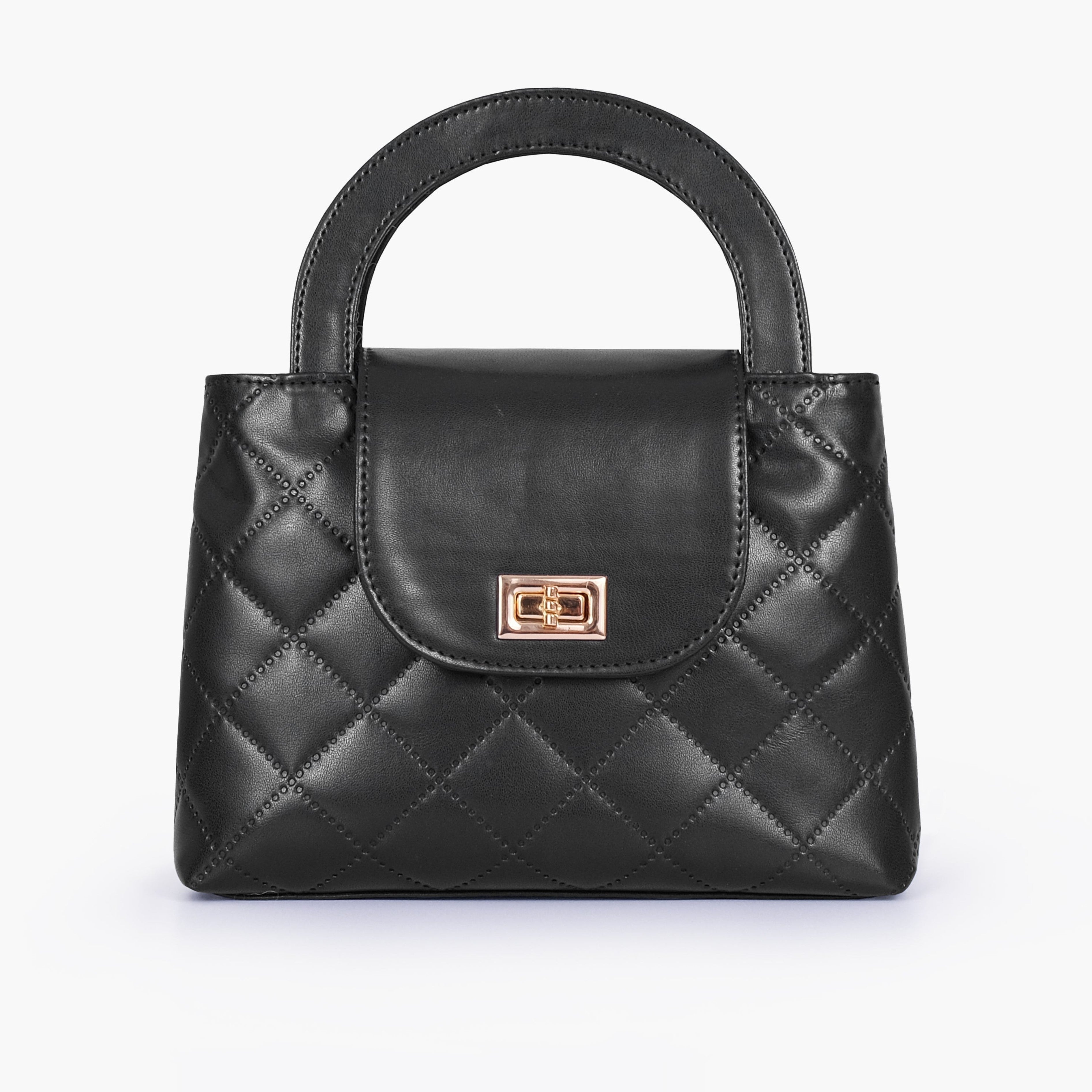 Black flap quilted bag with top handle