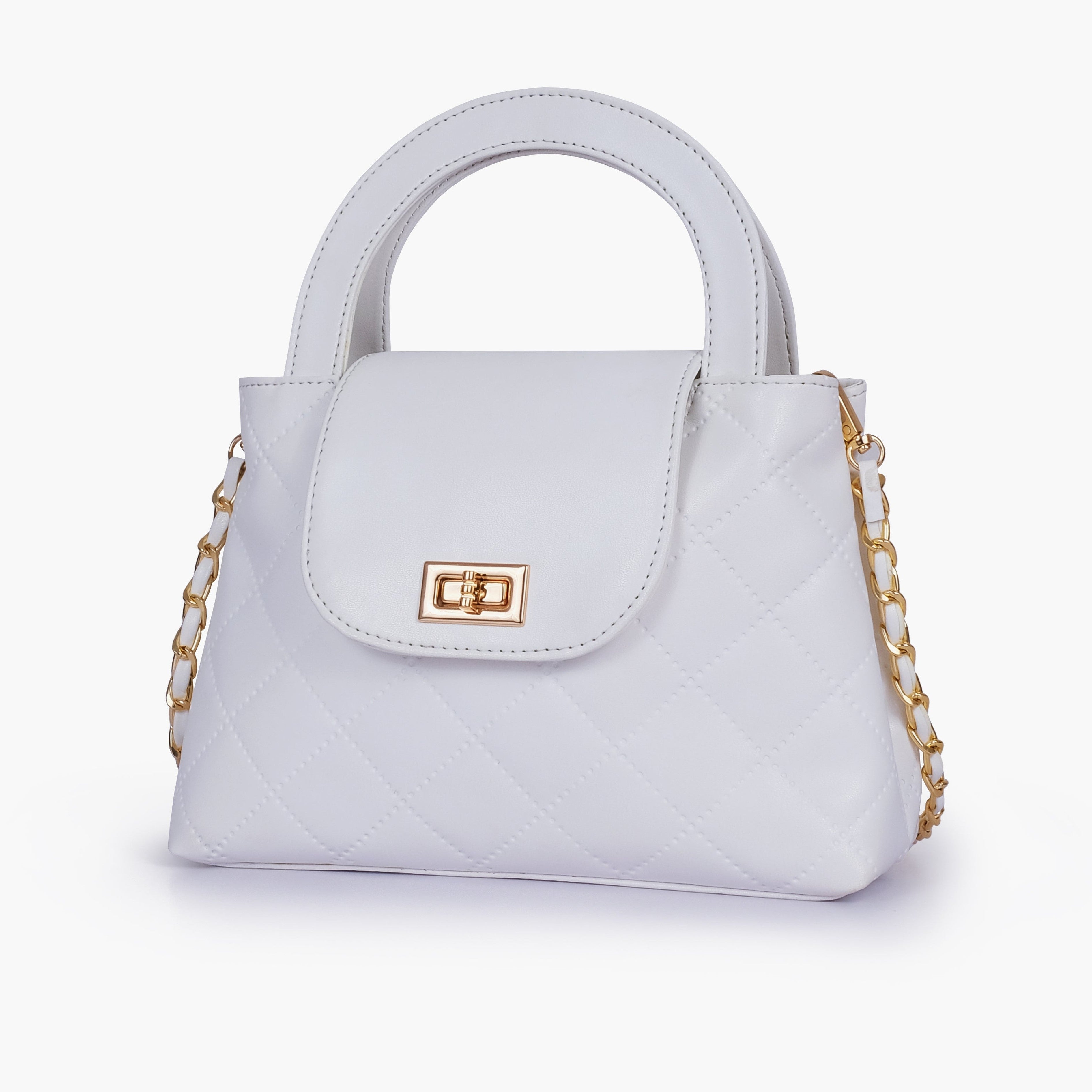 White flap quilted bag with top handle