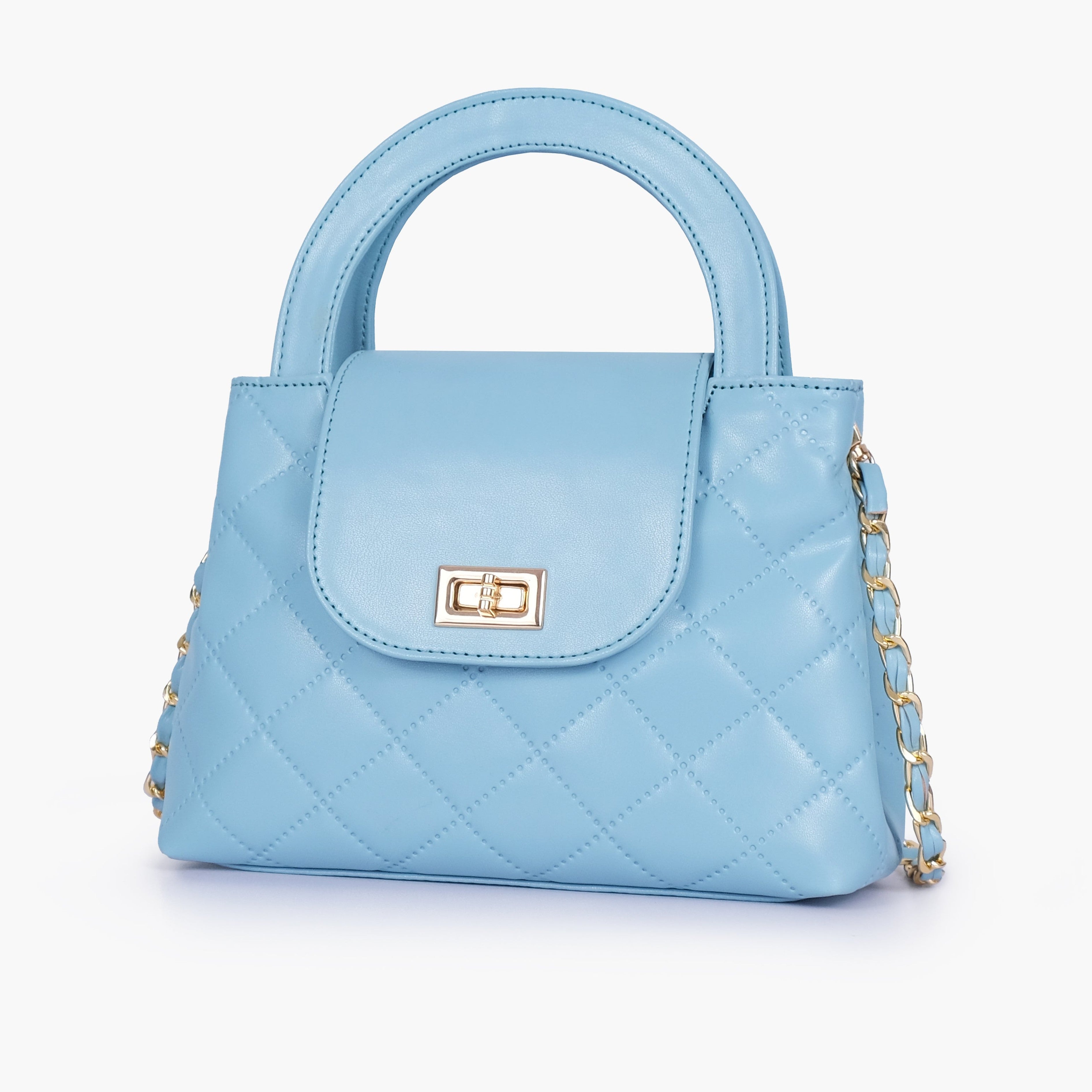 Sky blue flap quilted bag with top handle