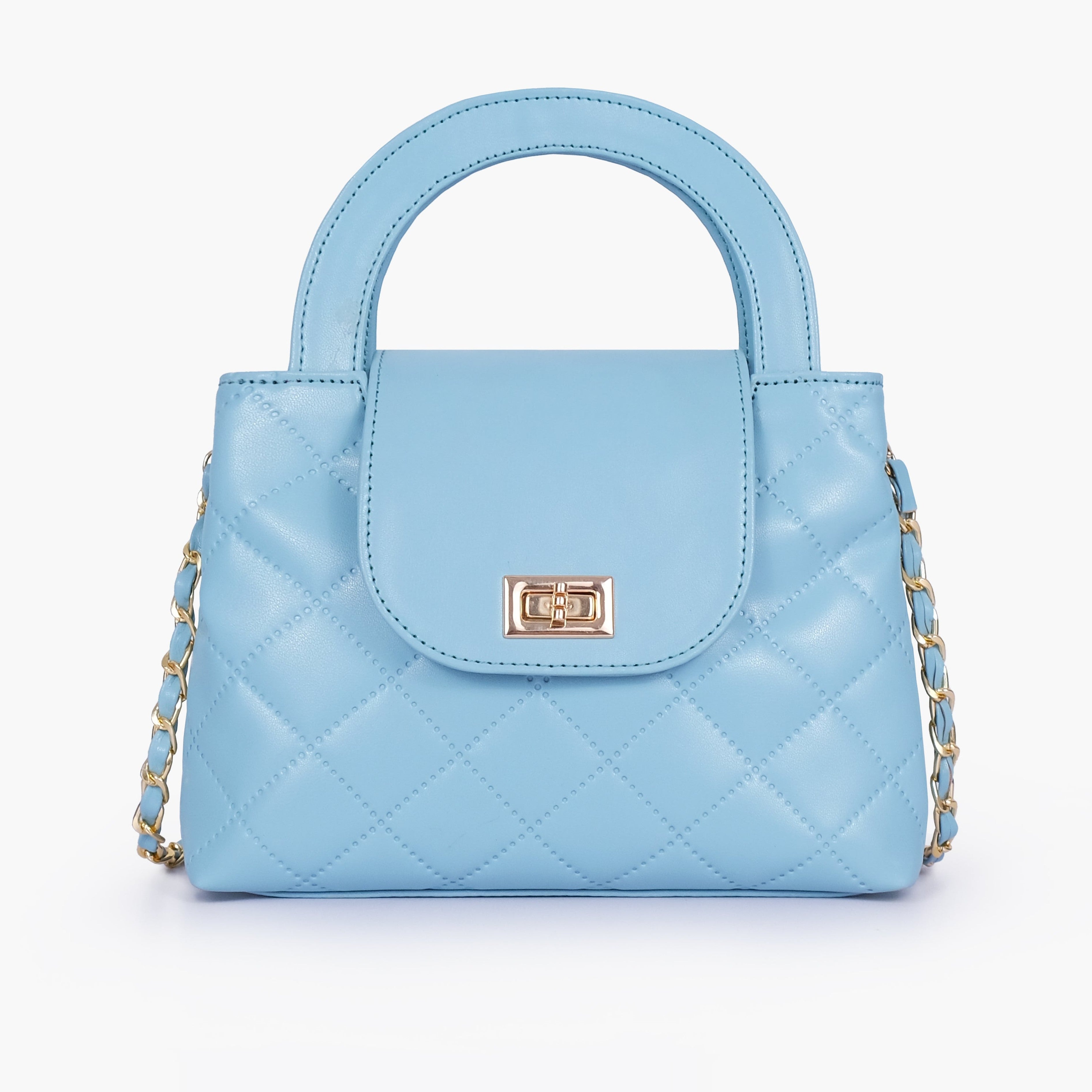Sky blue flap quilted bag with top handle
