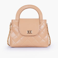 Beige flap quilted bag with top handle