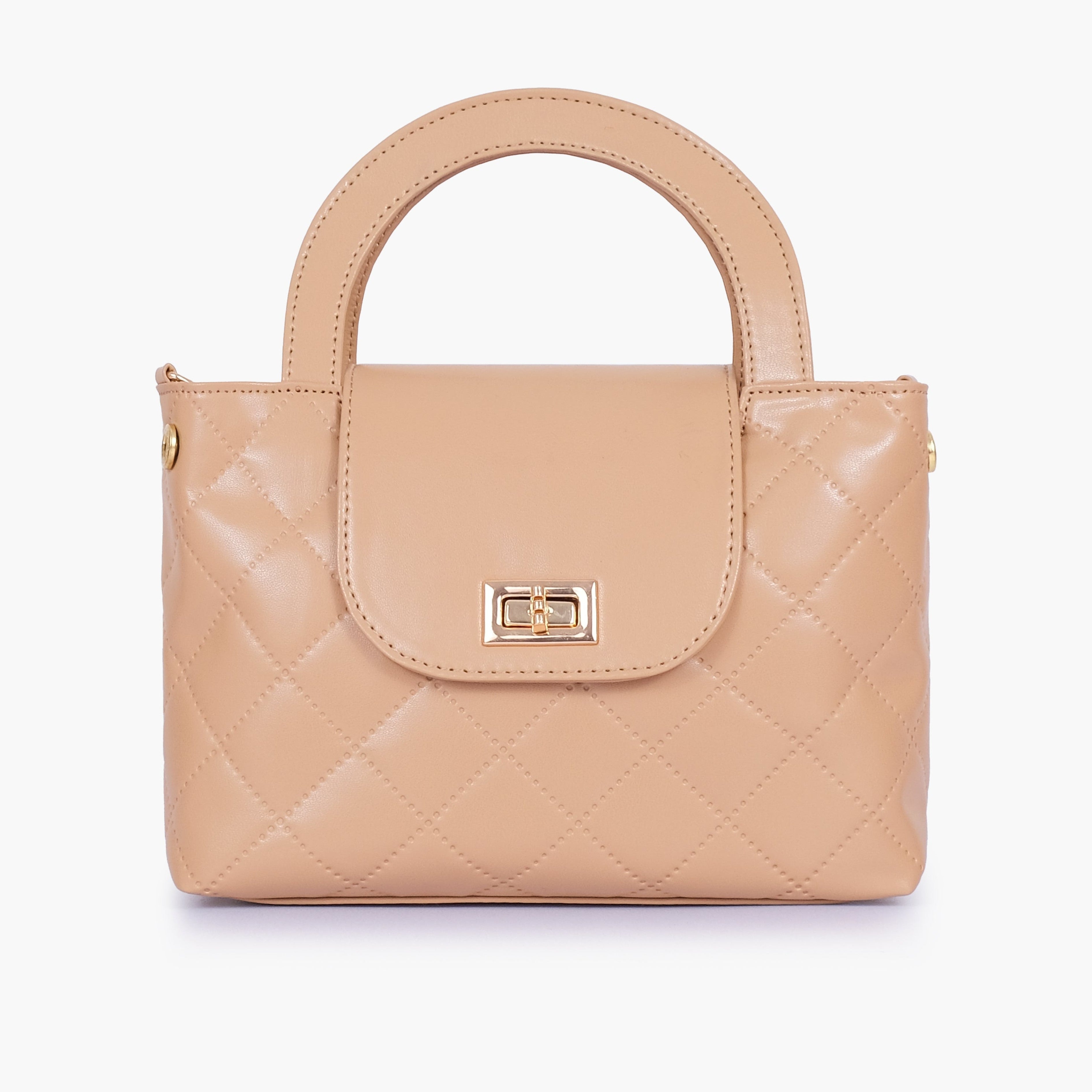 Beige flap quilted bag with top handle