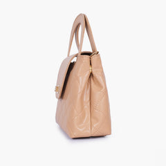 Beige flap quilted bag with top handle