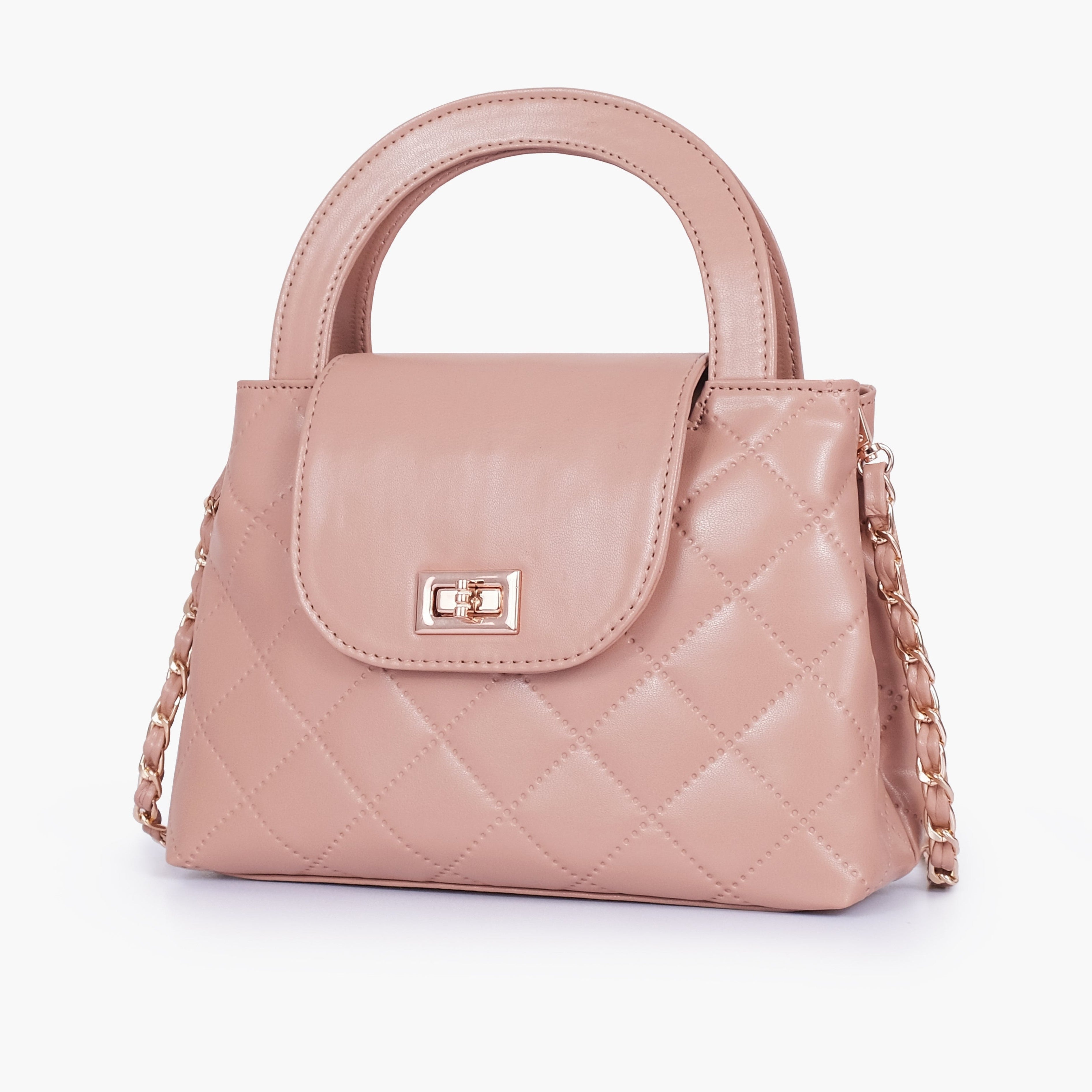 Baby pink flap quilted bag with top handle