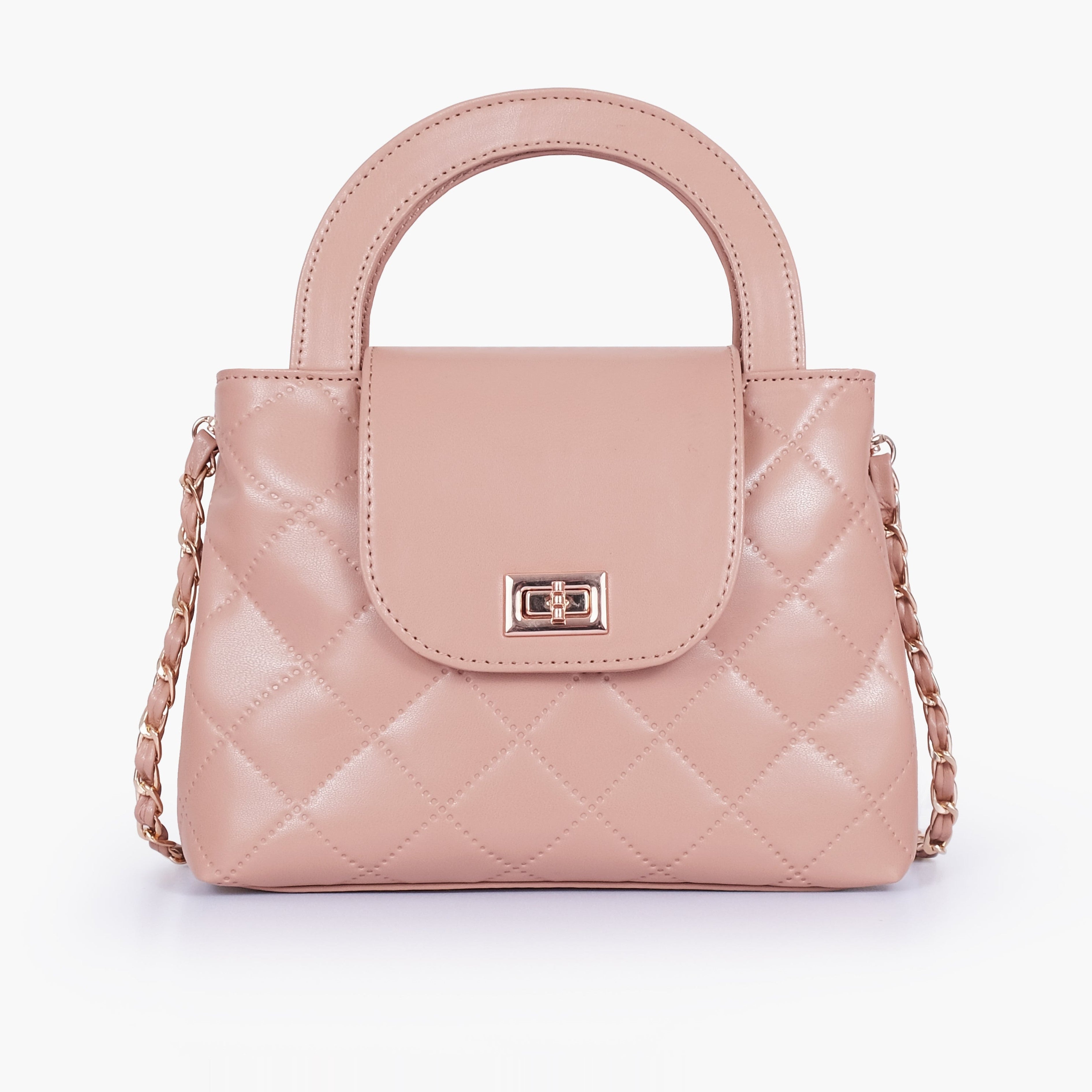 Baby pink flap quilted bag with top handle
