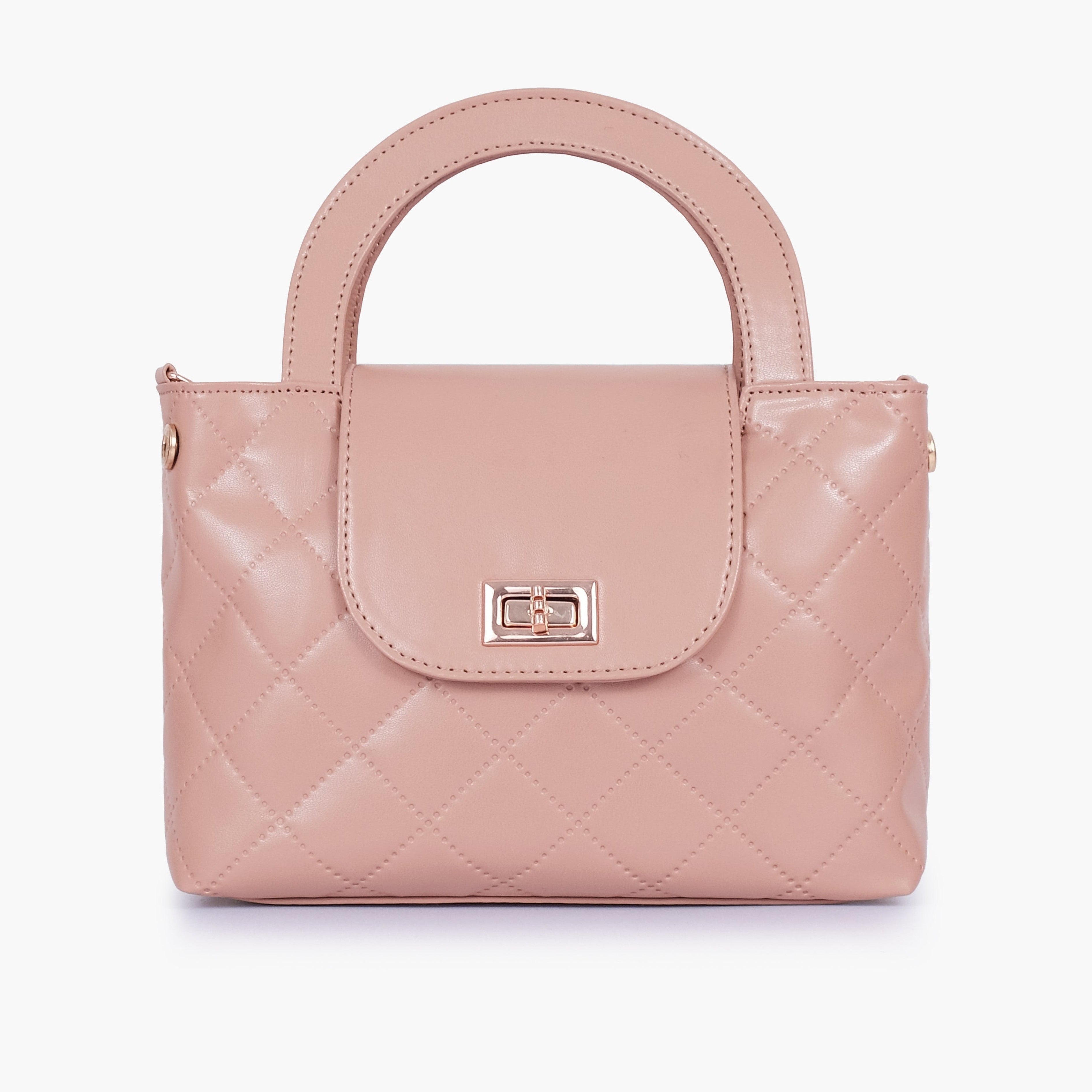 Baby pink flap quilted bag with top handle