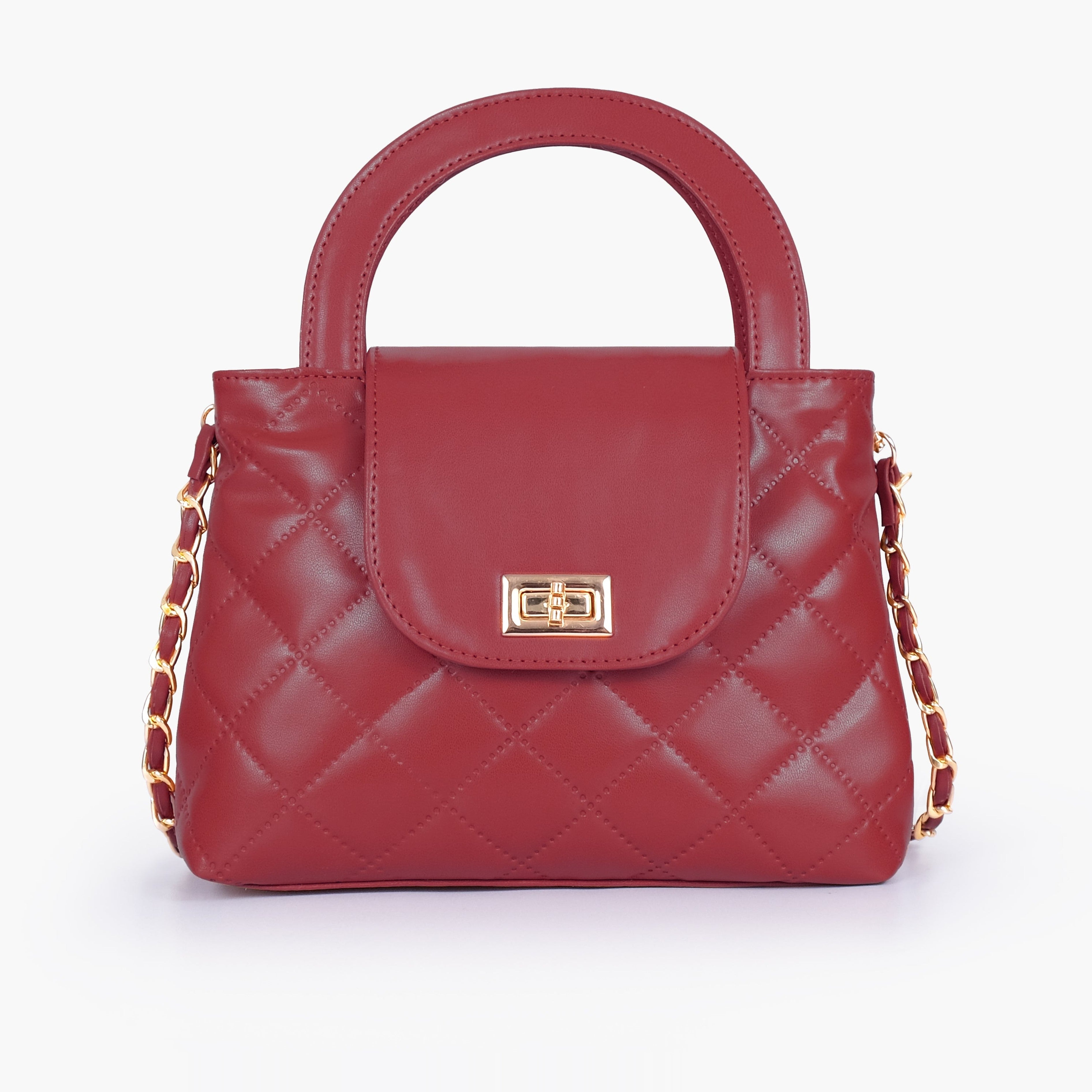 Maroon flap quilted bag with top handle