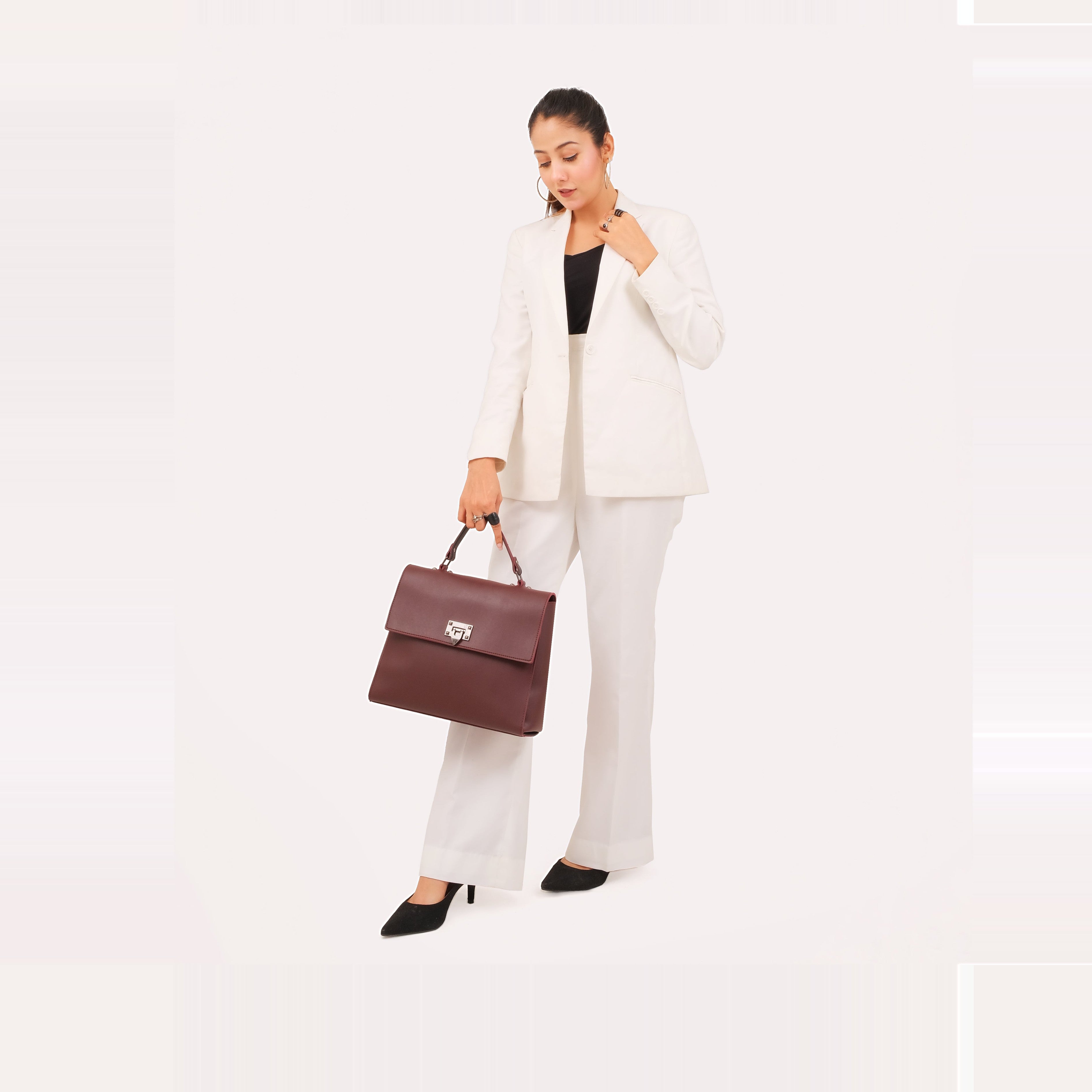 Burgundy flap-over top-handle bag