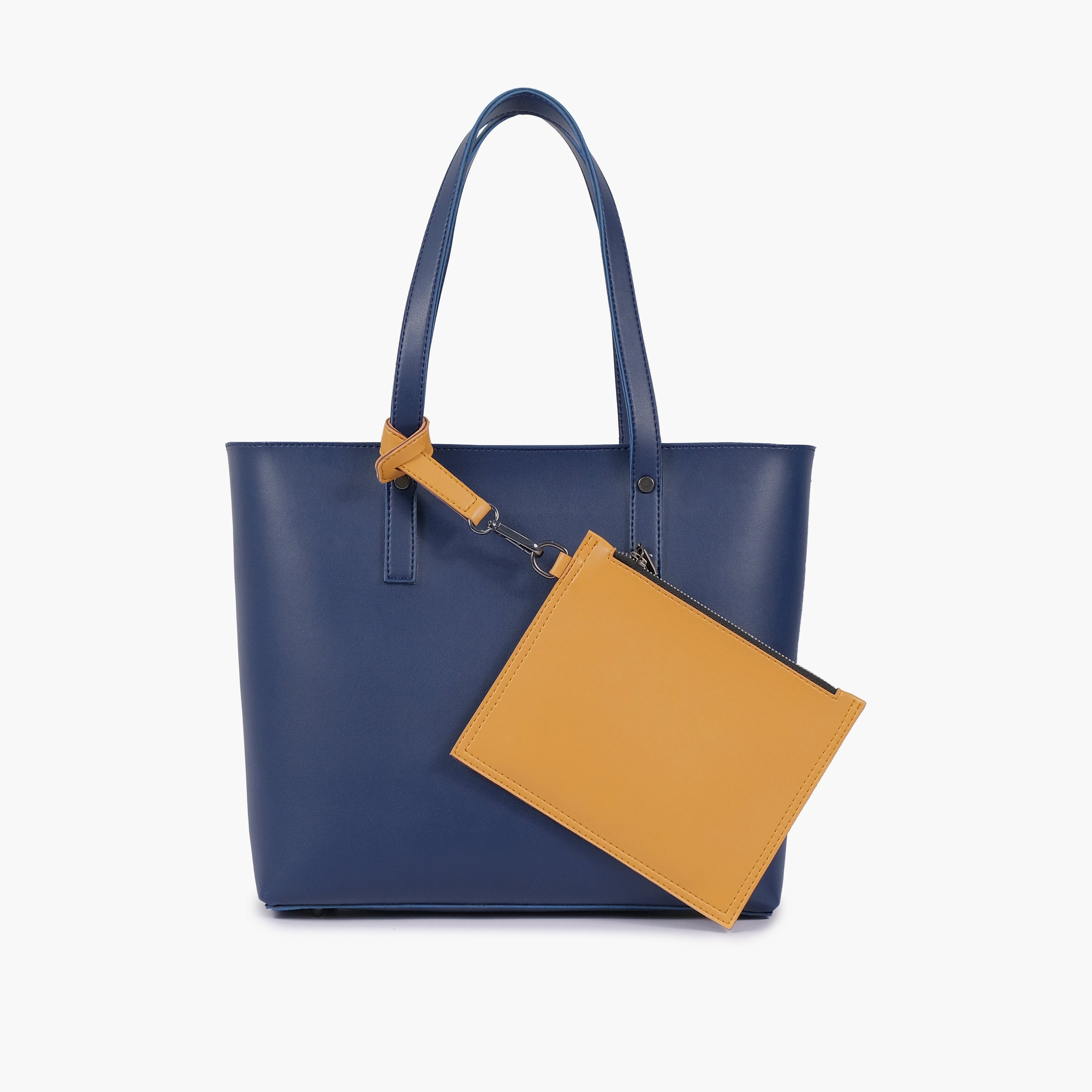Blue tote bag with detachable pouch