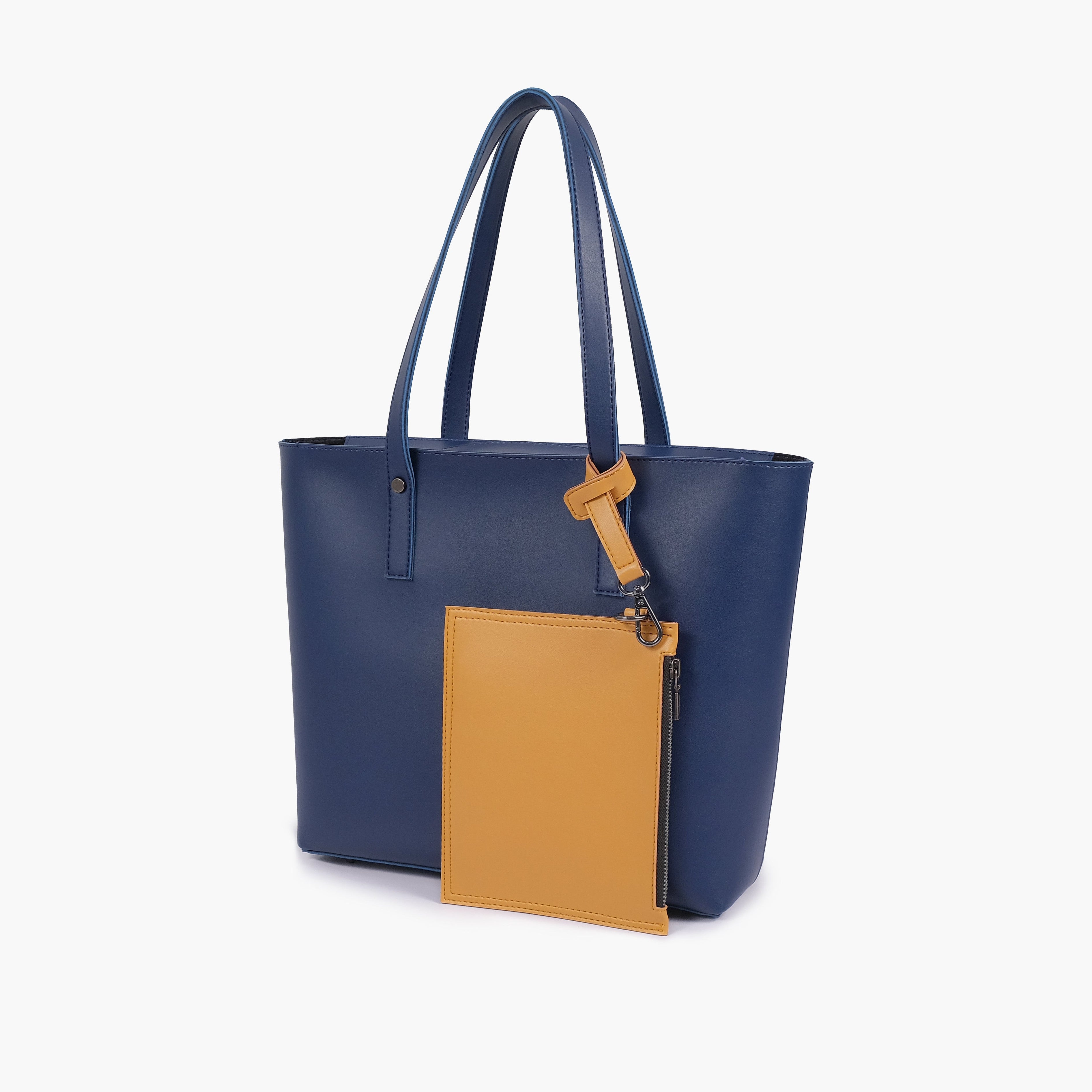 Blue tote bag with detachable pouch