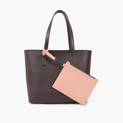 Dark brown tote bag with detachable pouch