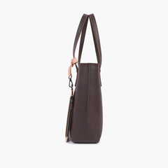 Dark brown tote bag with detachable pouch