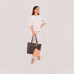 Dark brown tote bag with detachable pouch