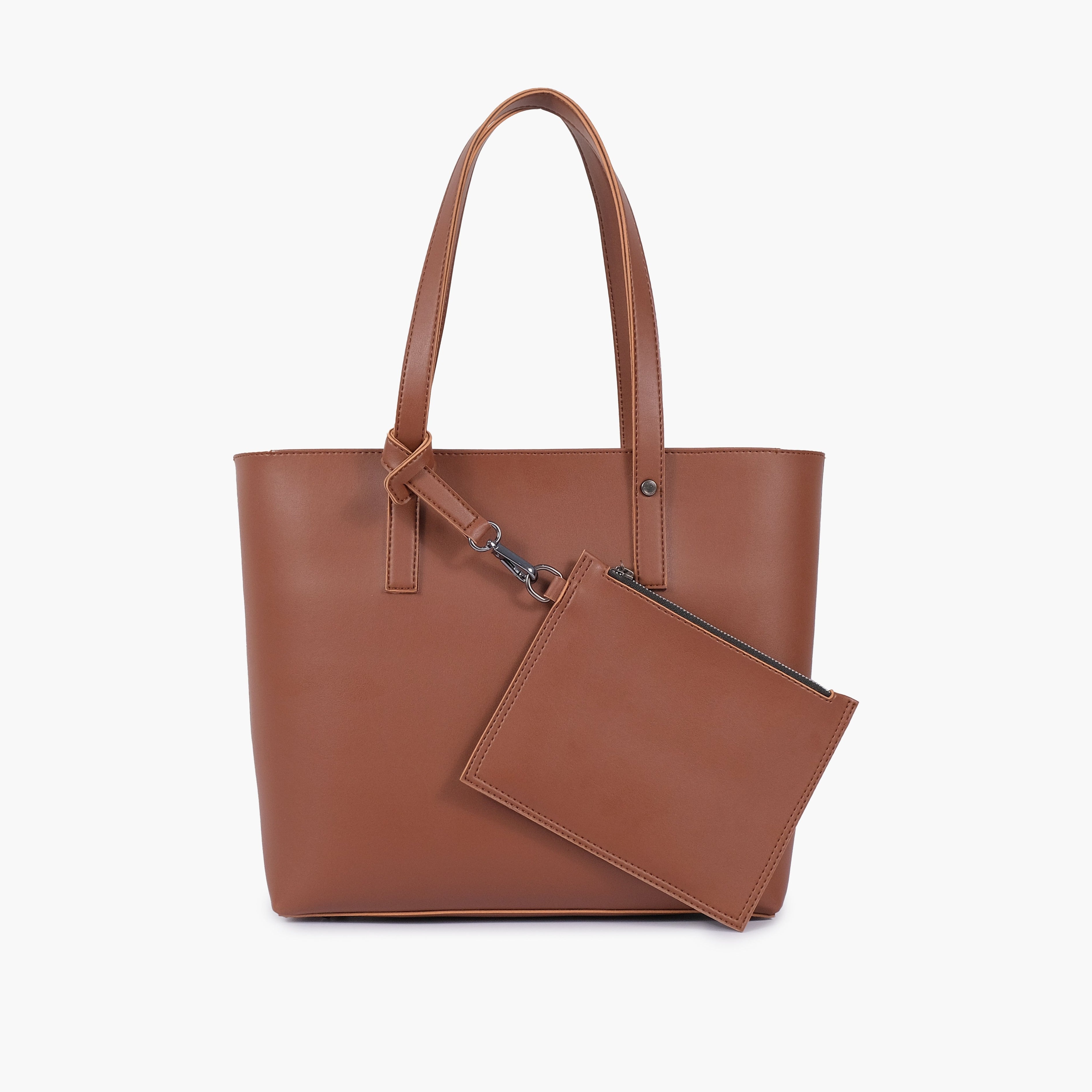 Brown tote bag with detachable pouch