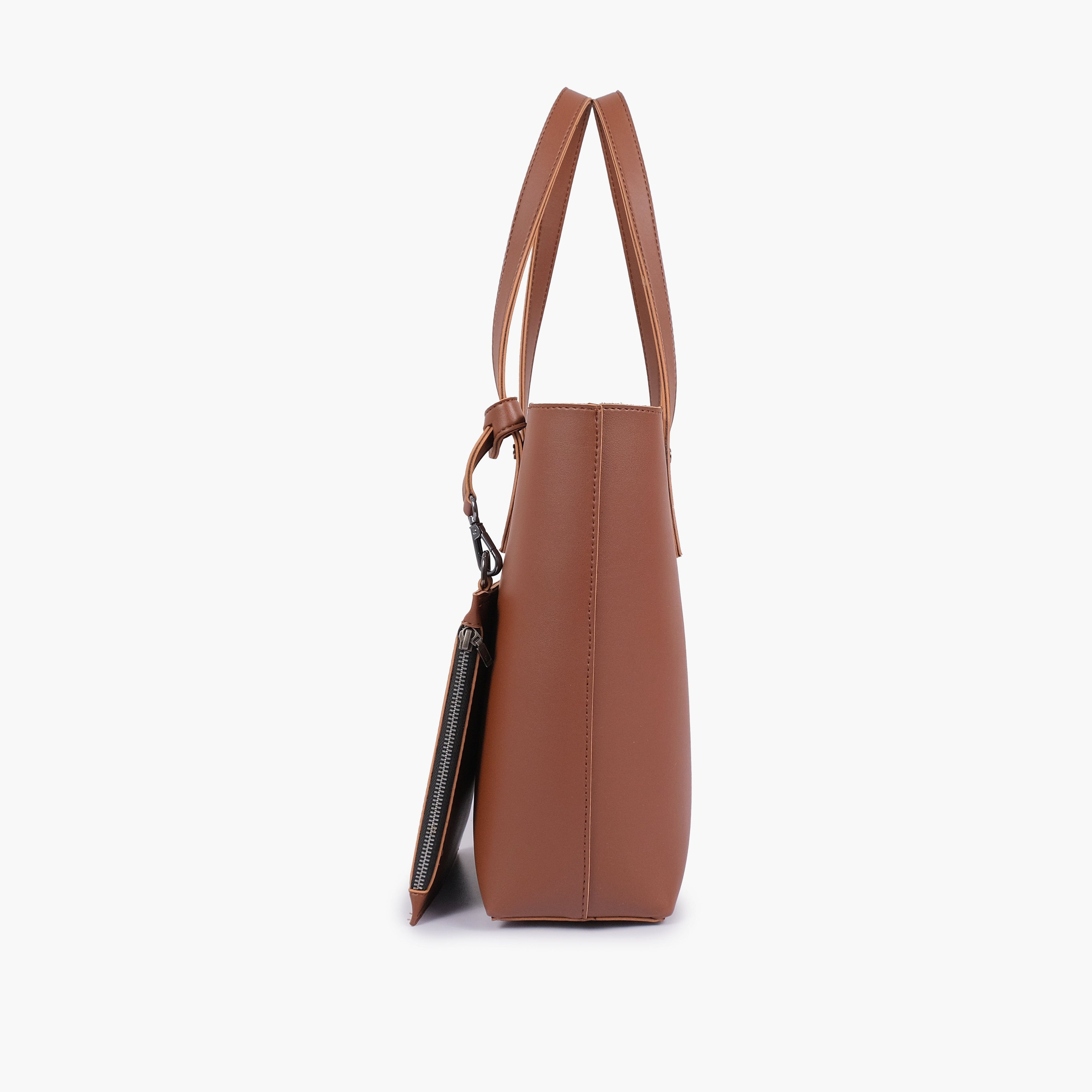 Brown tote bag with detachable pouch