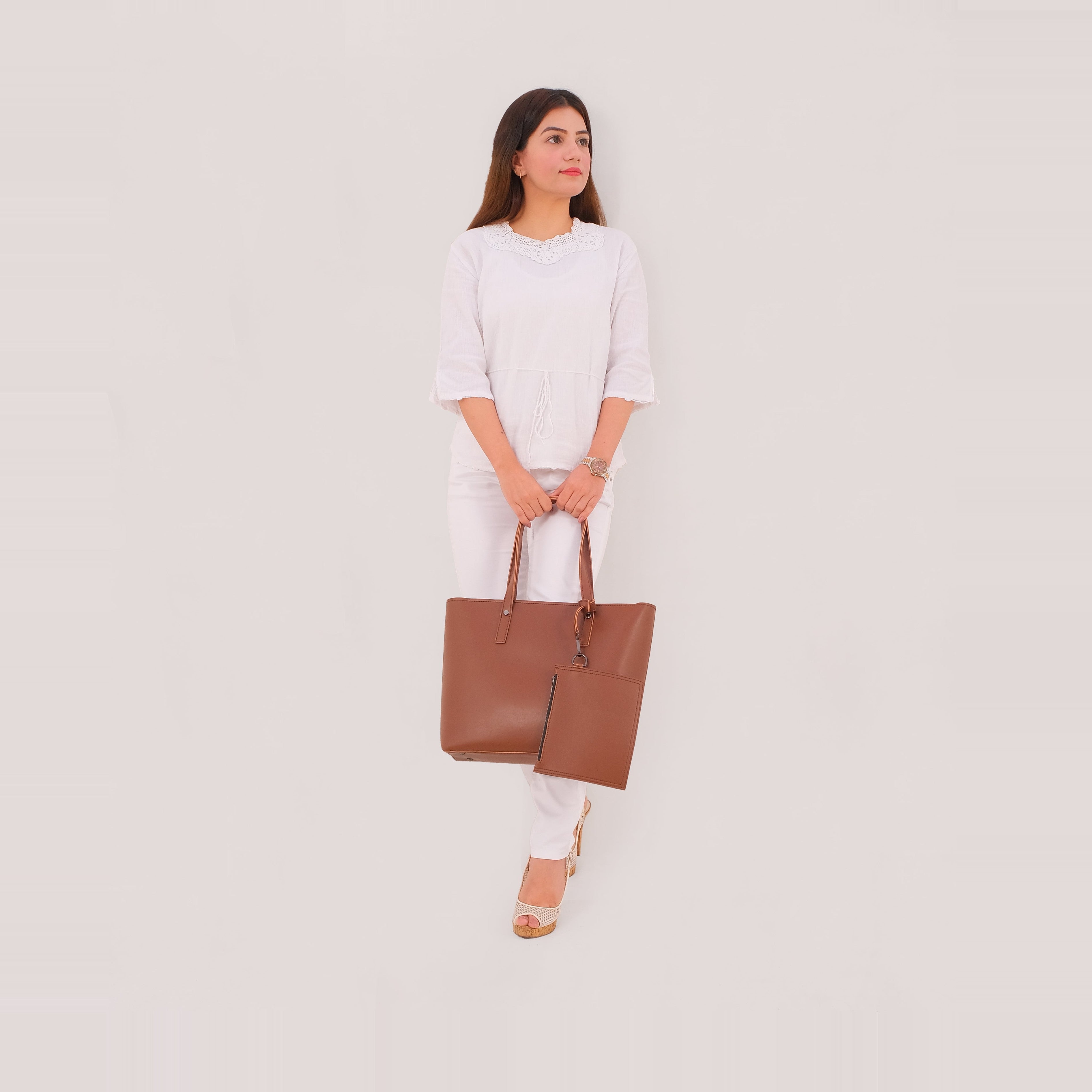 Brown tote bag with detachable pouch