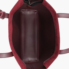 Burgundy suede tote bag with detachable pouch