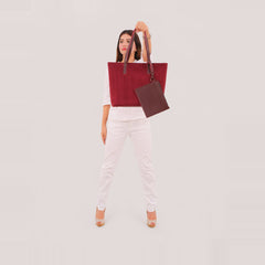 Burgundy suede tote bag with detachable pouch
