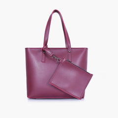Burgundy tote bag with detachable pouch
