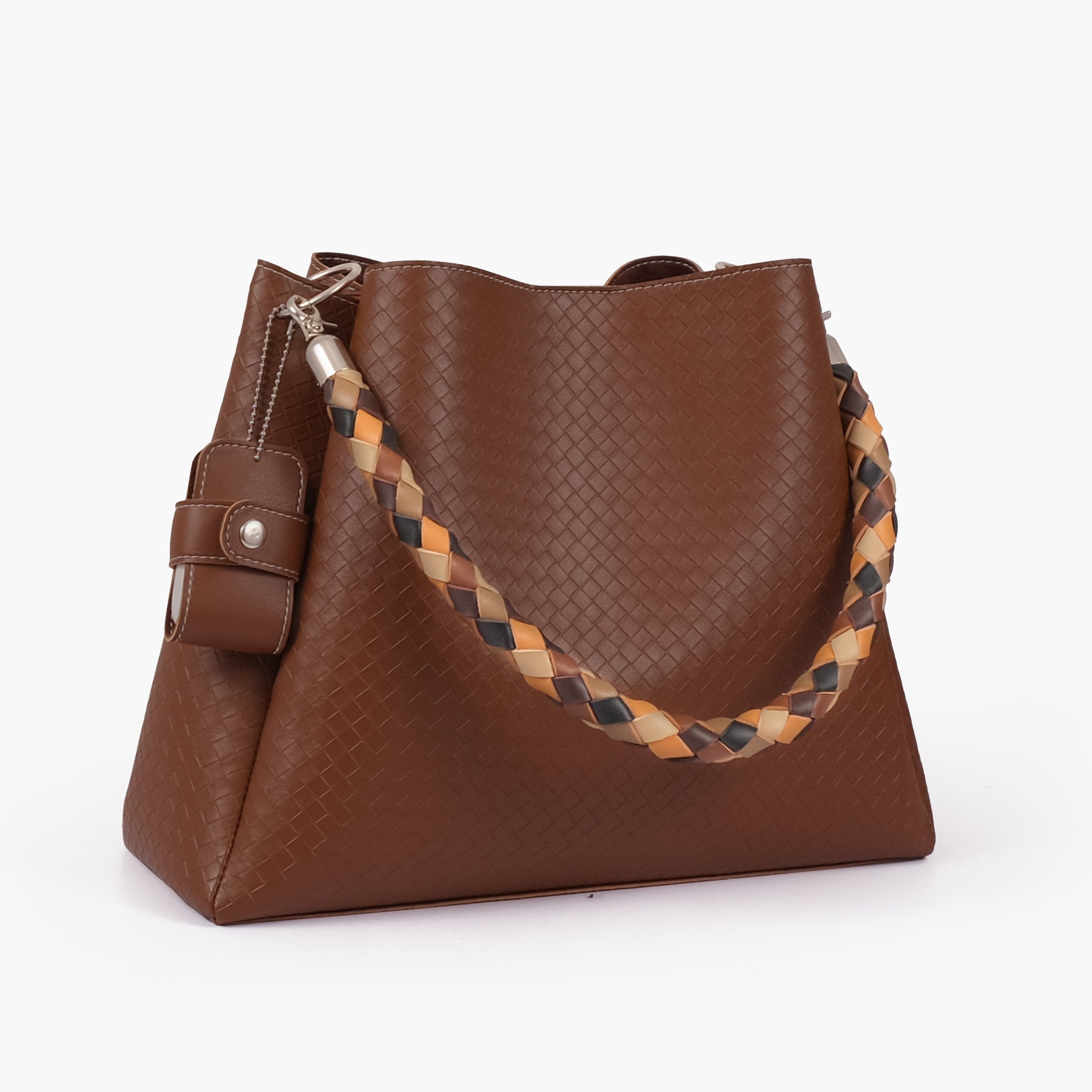 Brown weaved handbag with braided handle