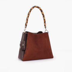 Dark brown suede handbag with braided handle
