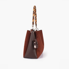 Dark brown suede handbag with braided handle