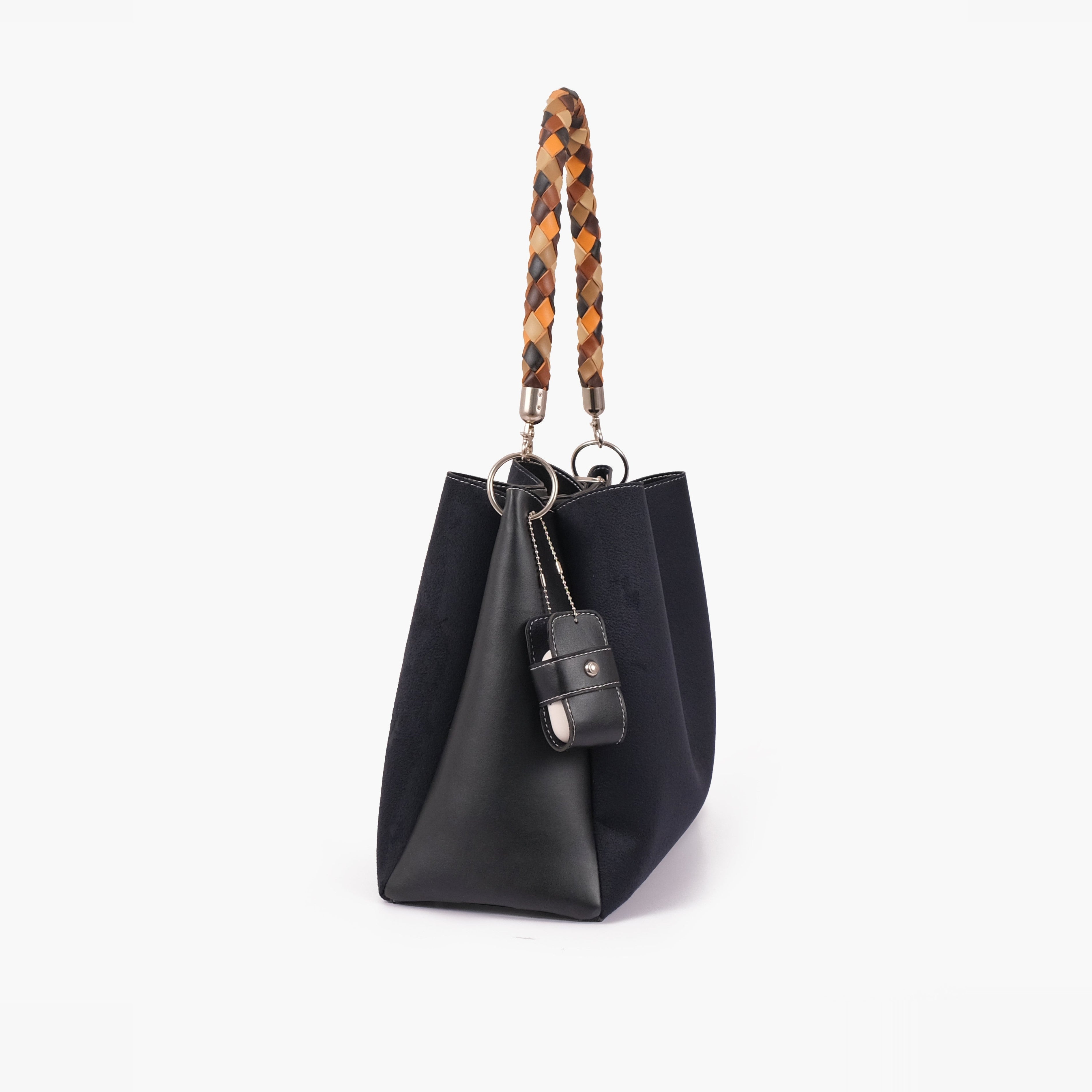 Black suede handbag with braided handle