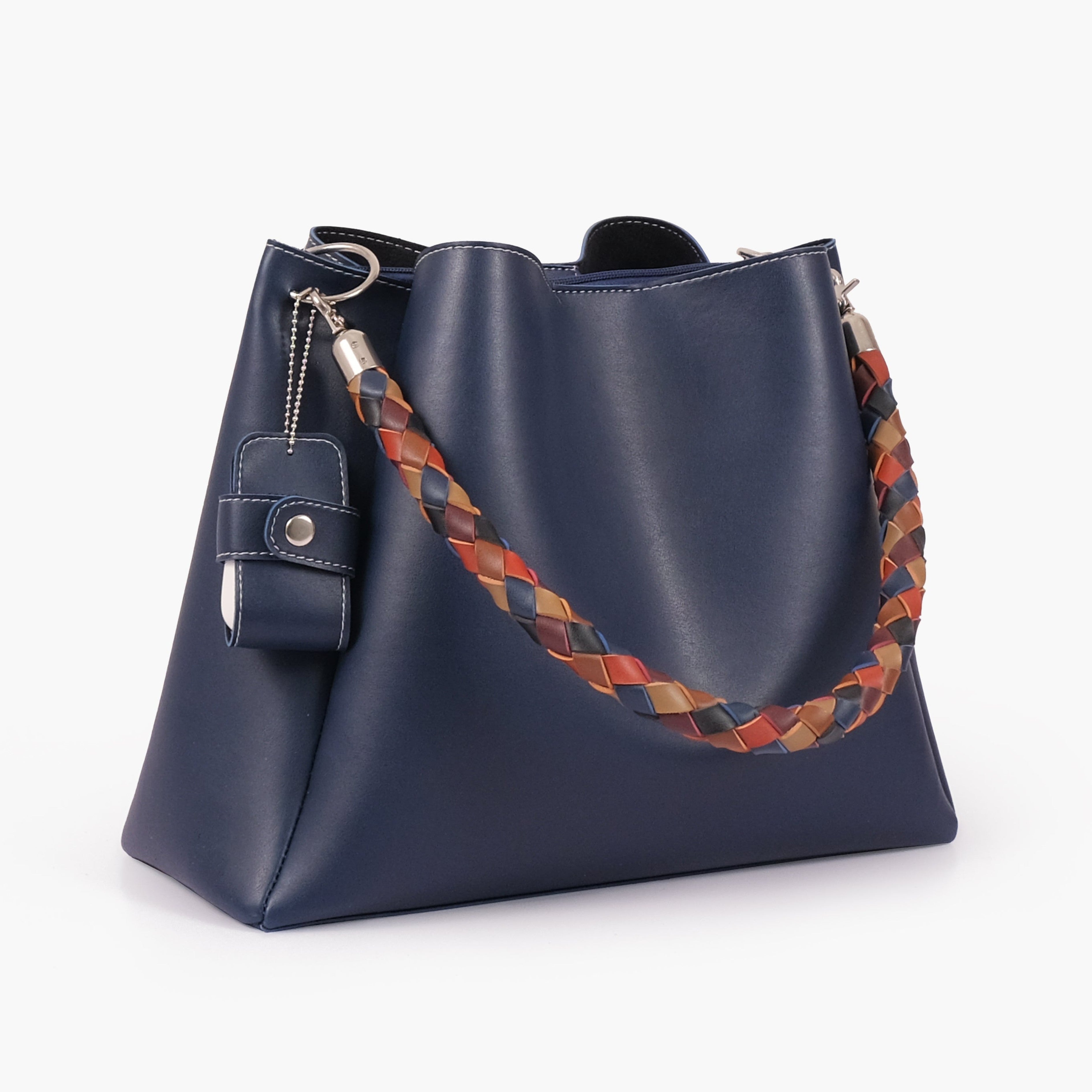 Blue handbag with braided handle
