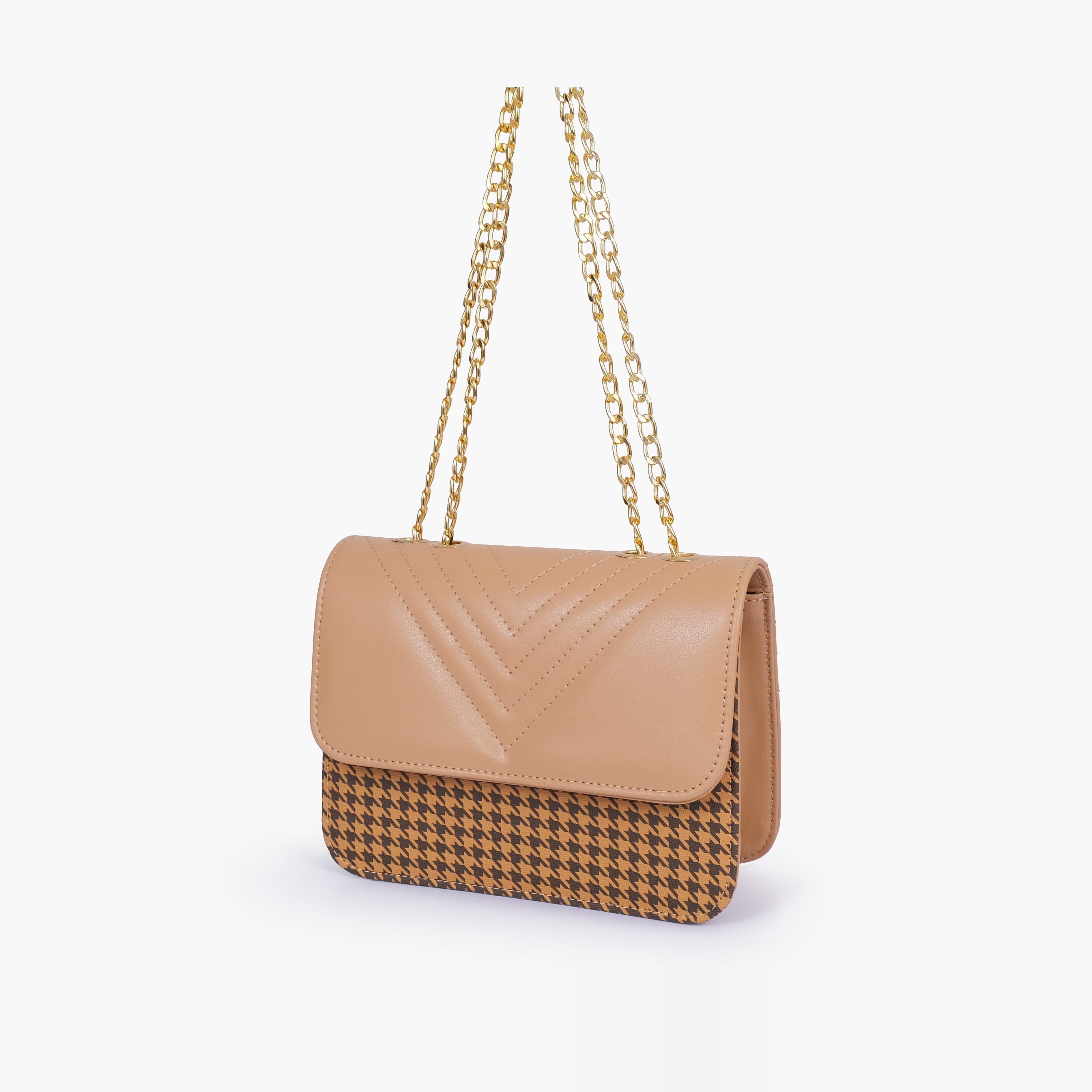 Beige houndstooth chain cross-body bag