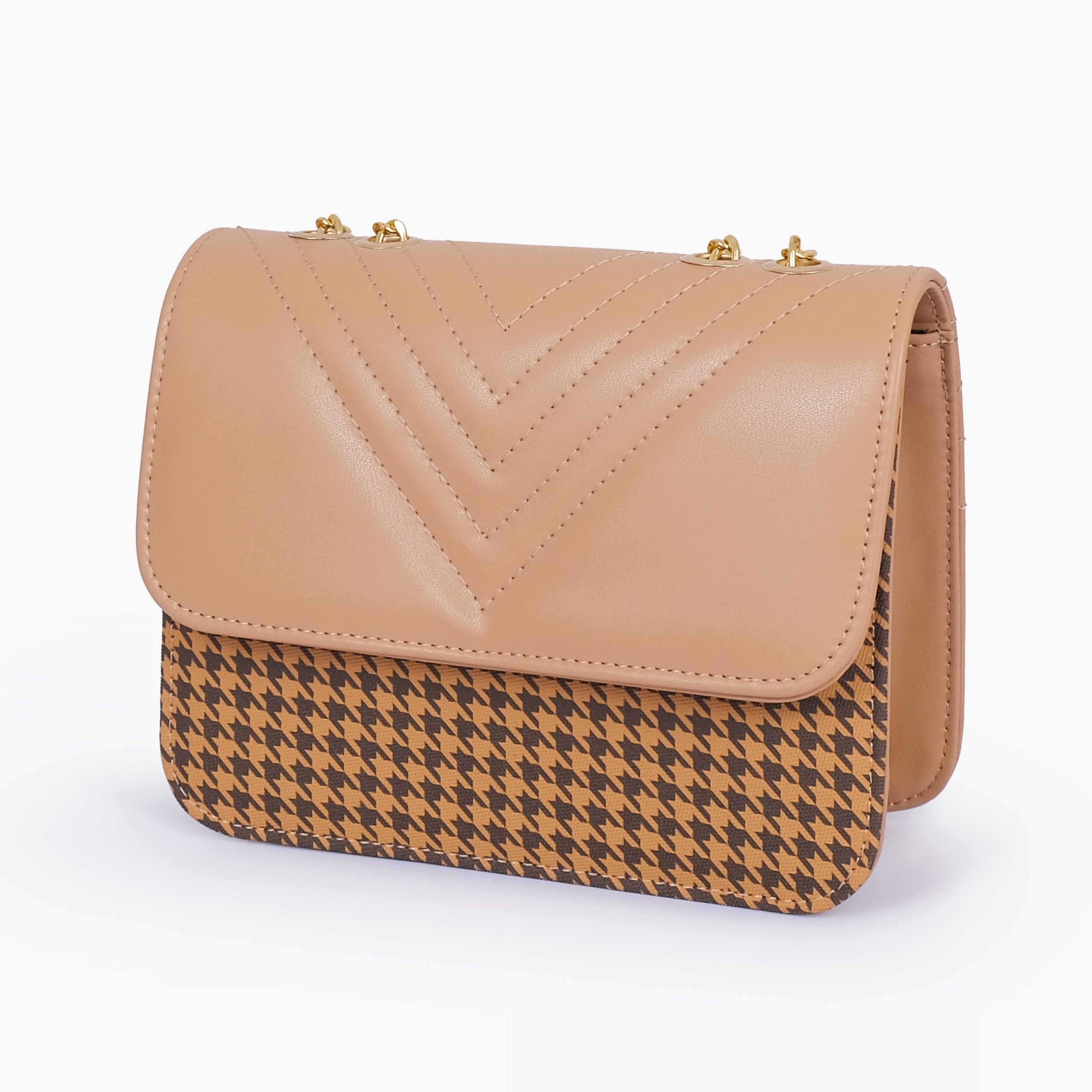 Beige houndstooth chain cross-body bag