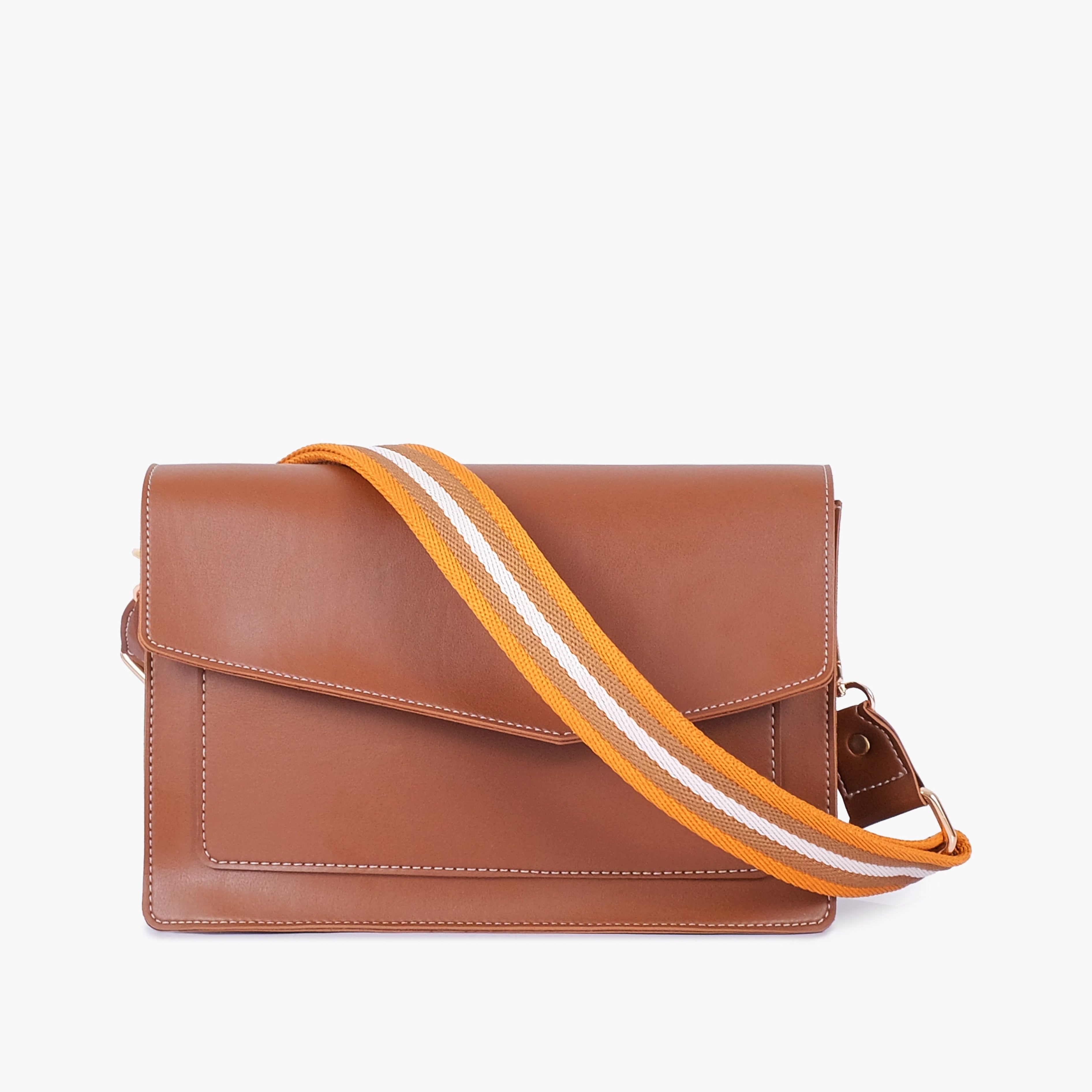 Brown half flap cross-body bag