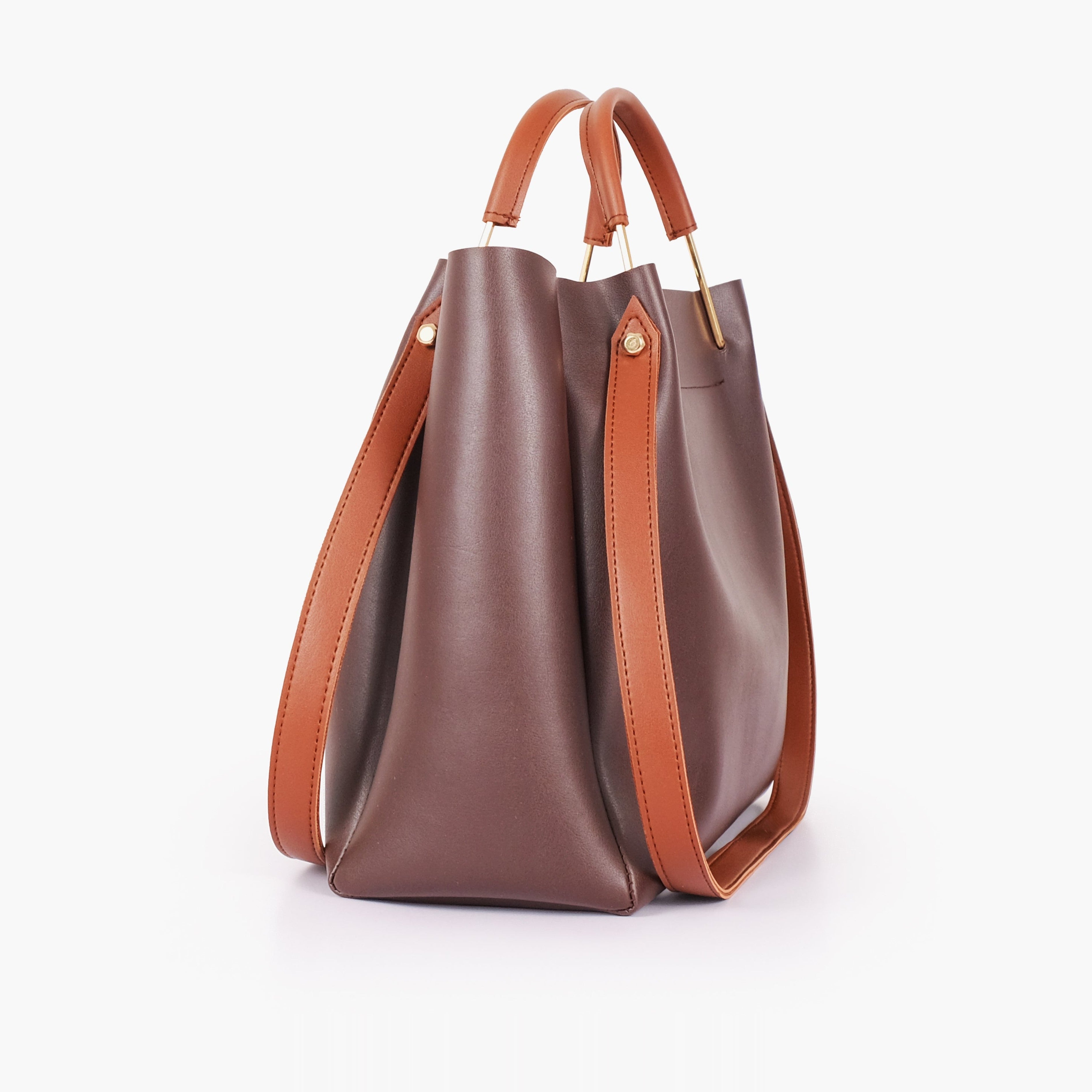 Dark brown metal handle tote bag