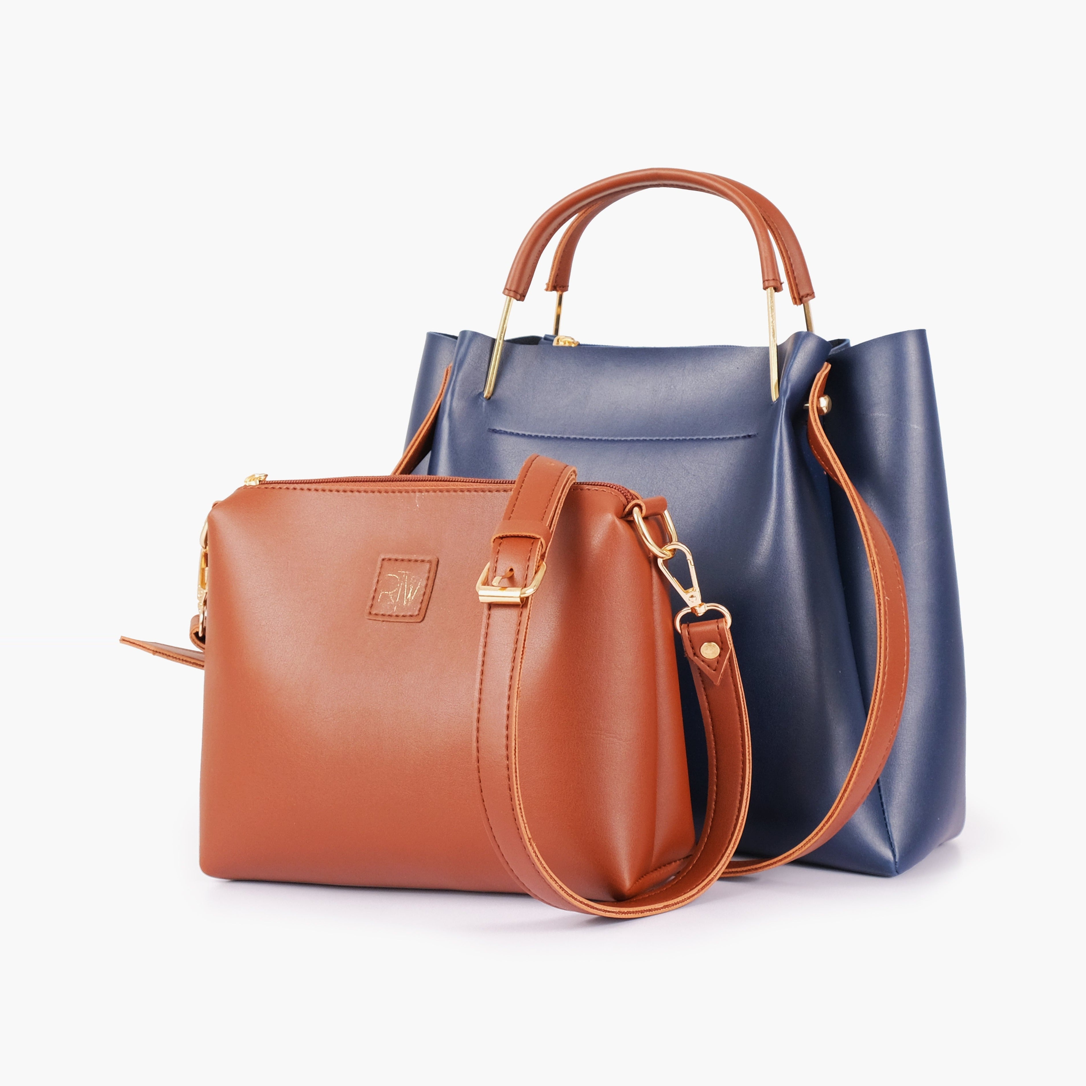 Blue metal handle tote bag