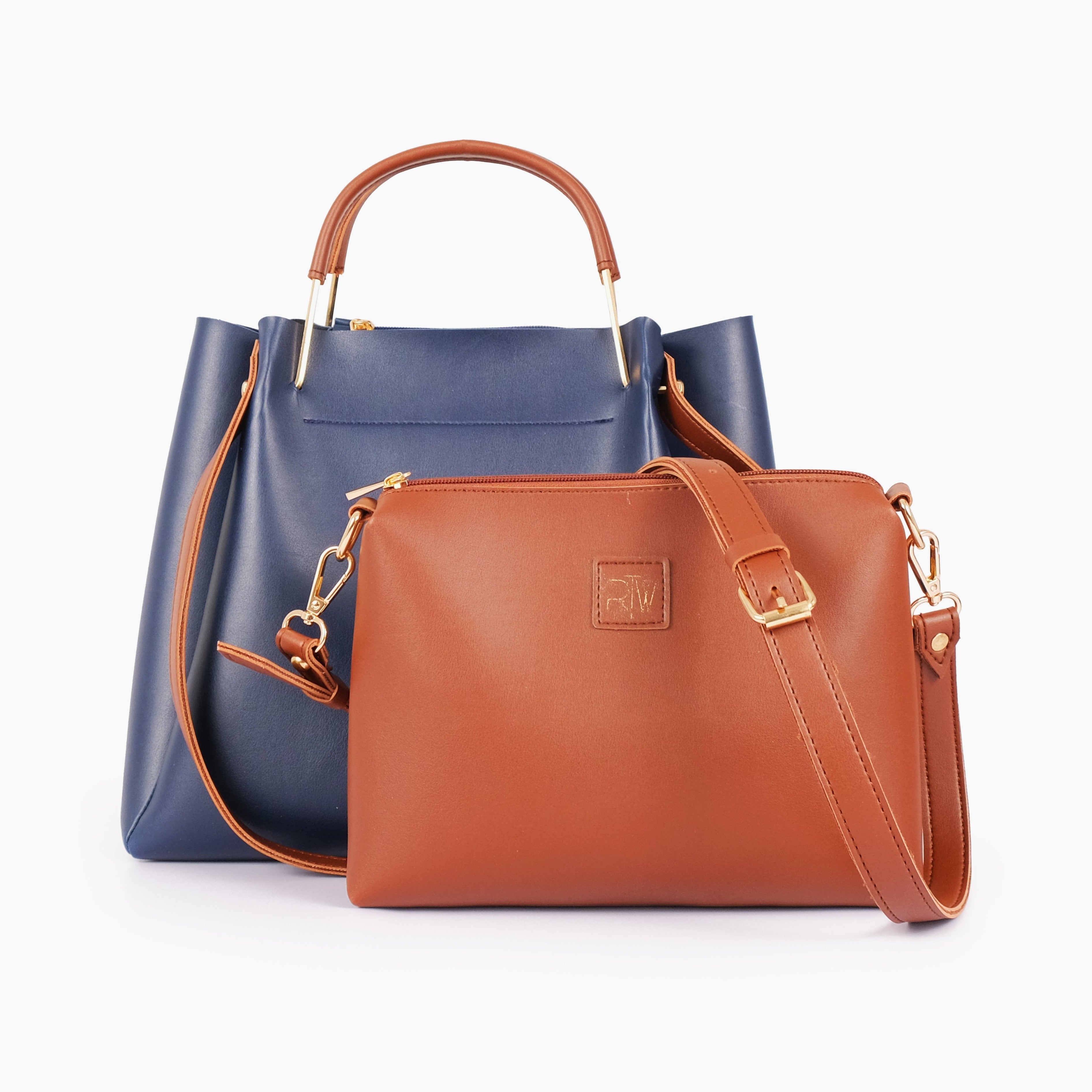 Blue metal handle tote bag