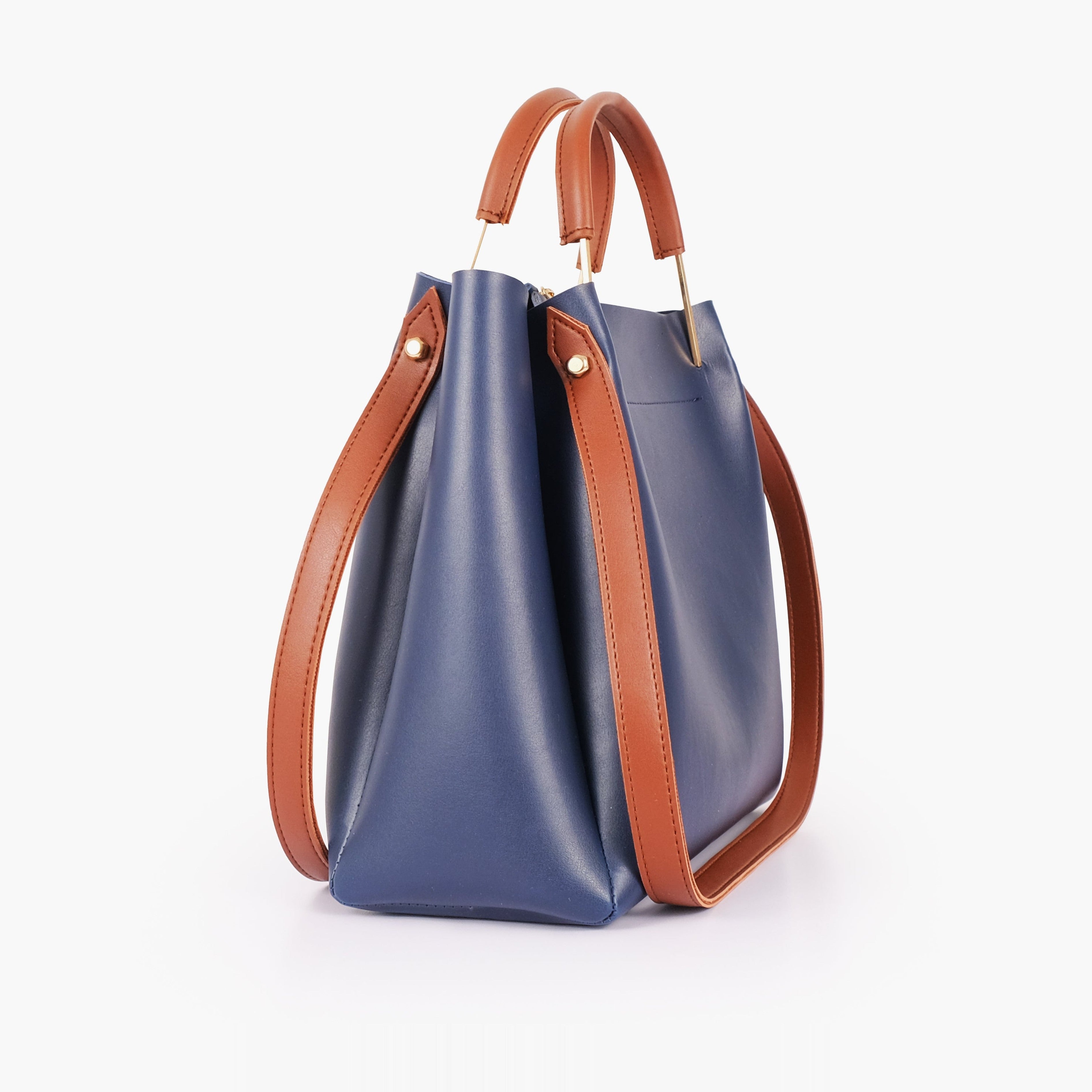 Blue metal handle tote bag