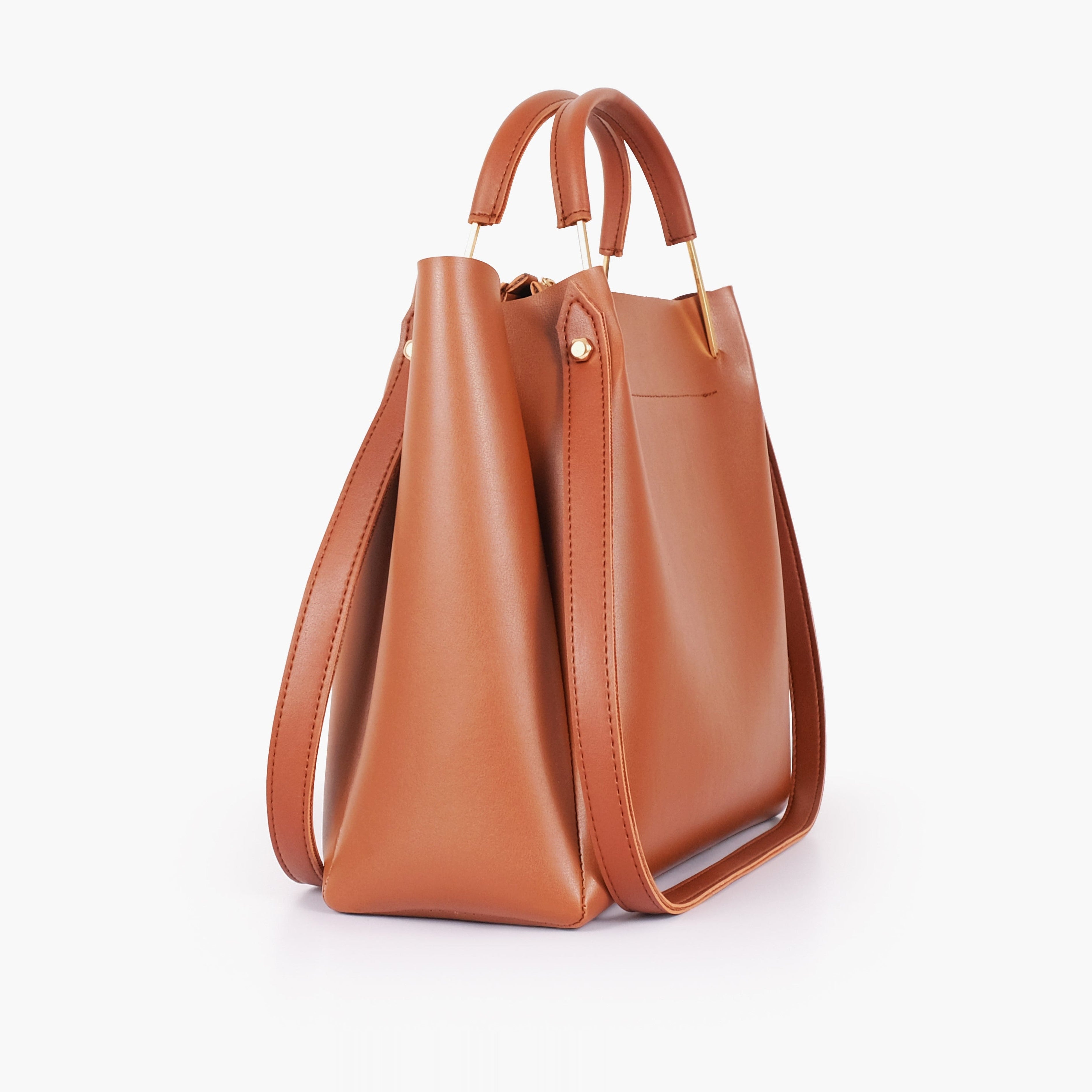 Brown metal handle tote bag