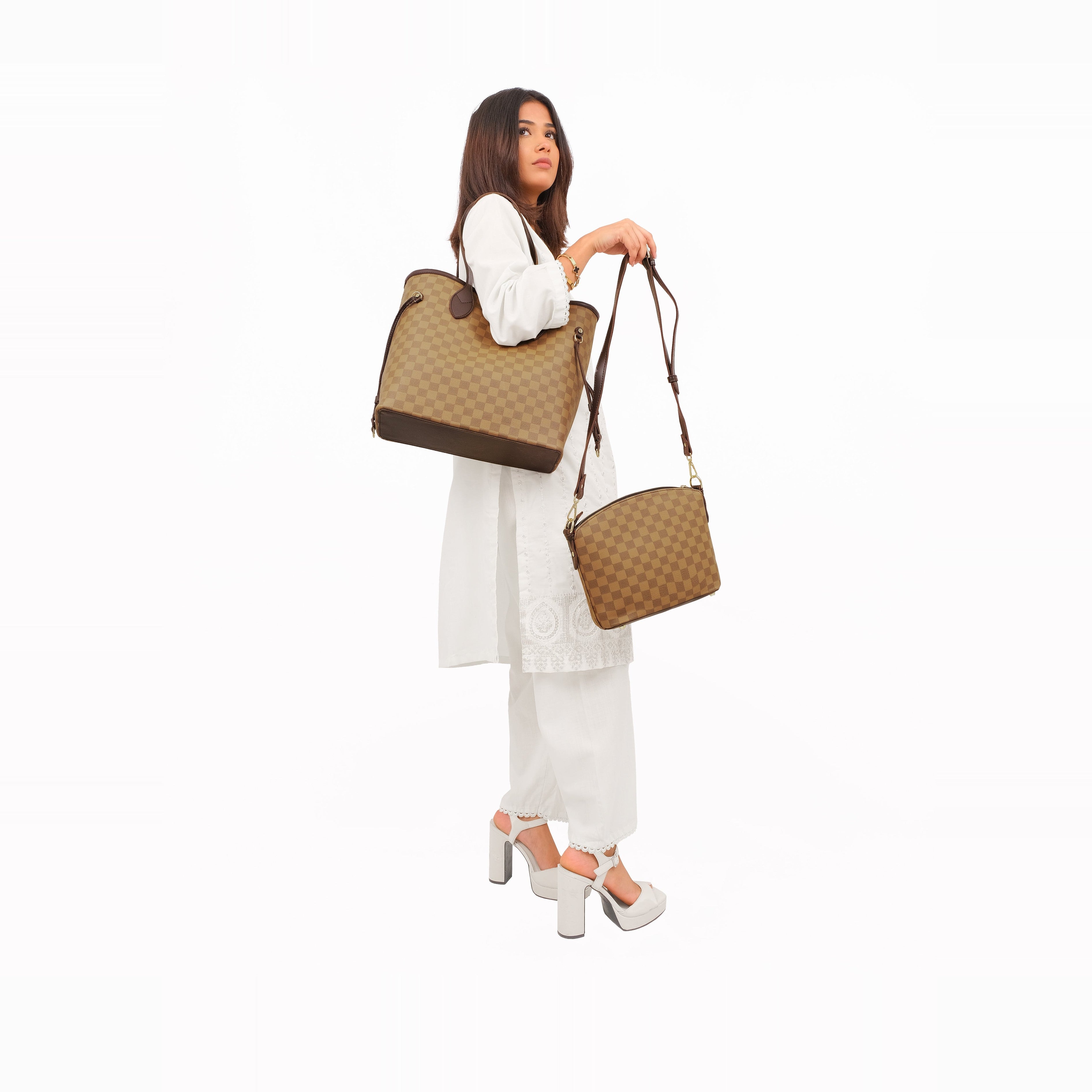 Brown checkered neverfull two piece set