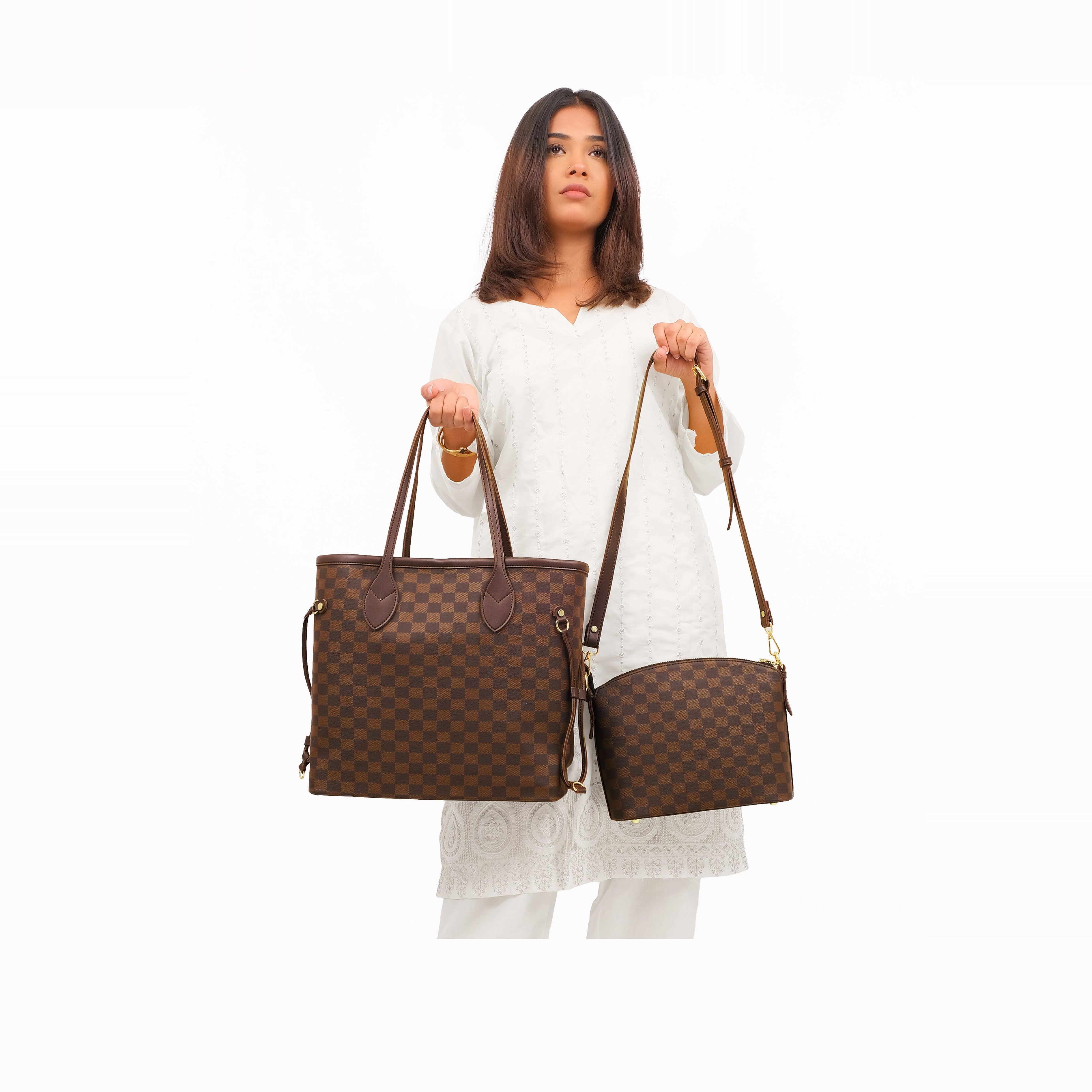Dark brown checkered neverfull two piece set