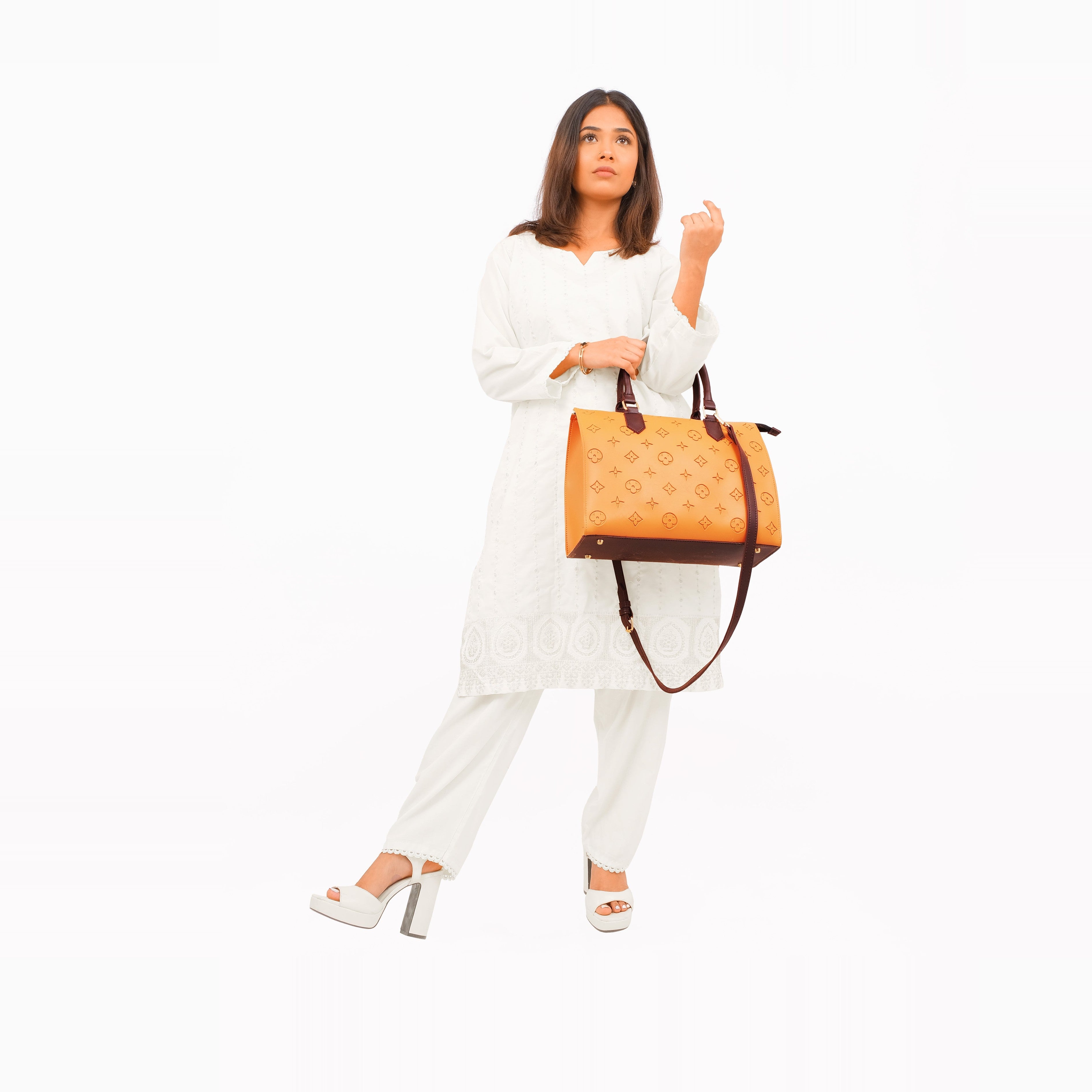 Mustard and dark brown on-the-go handbag