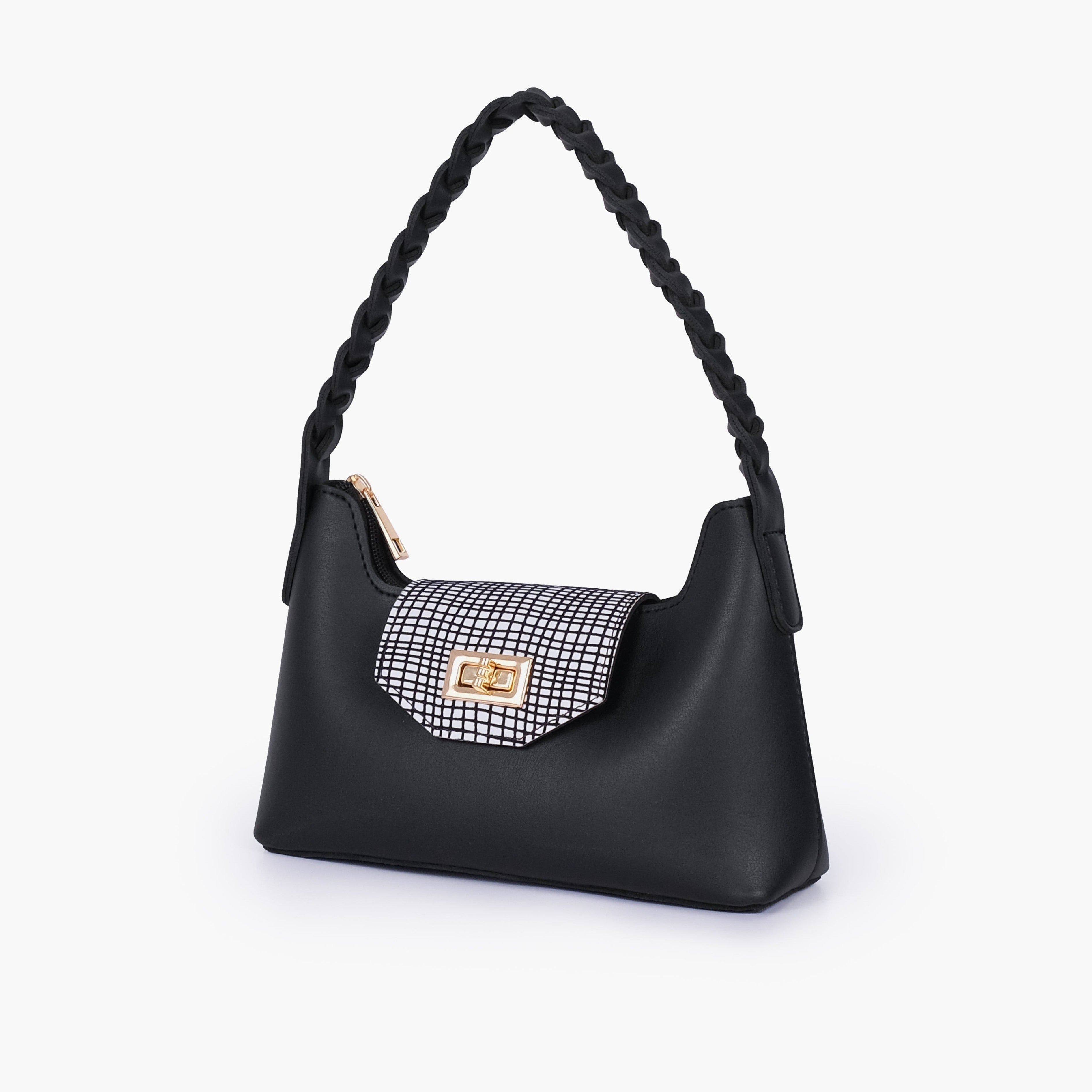 Black and white purse with braided strap