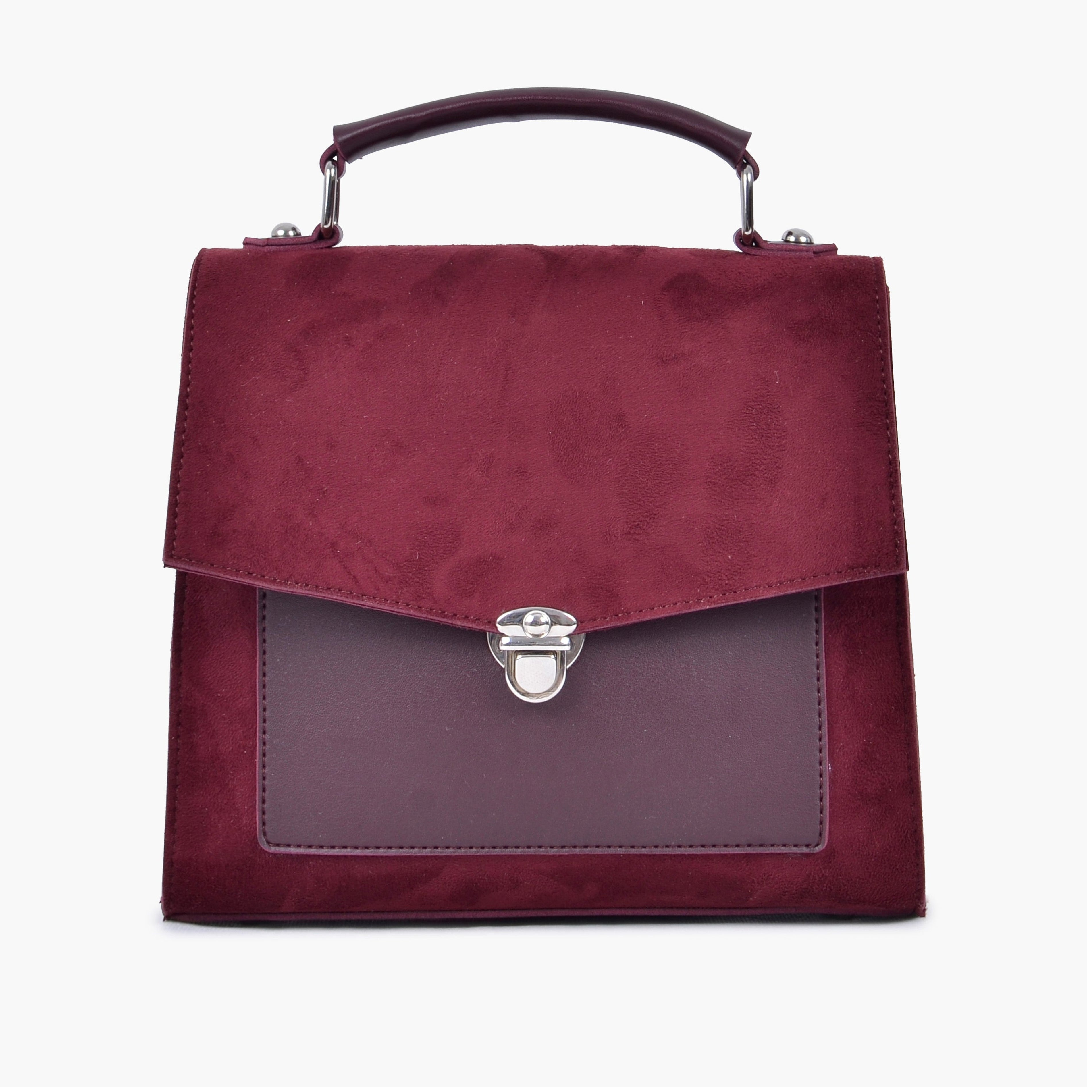 Burgundy suede push-lock messenger bag
