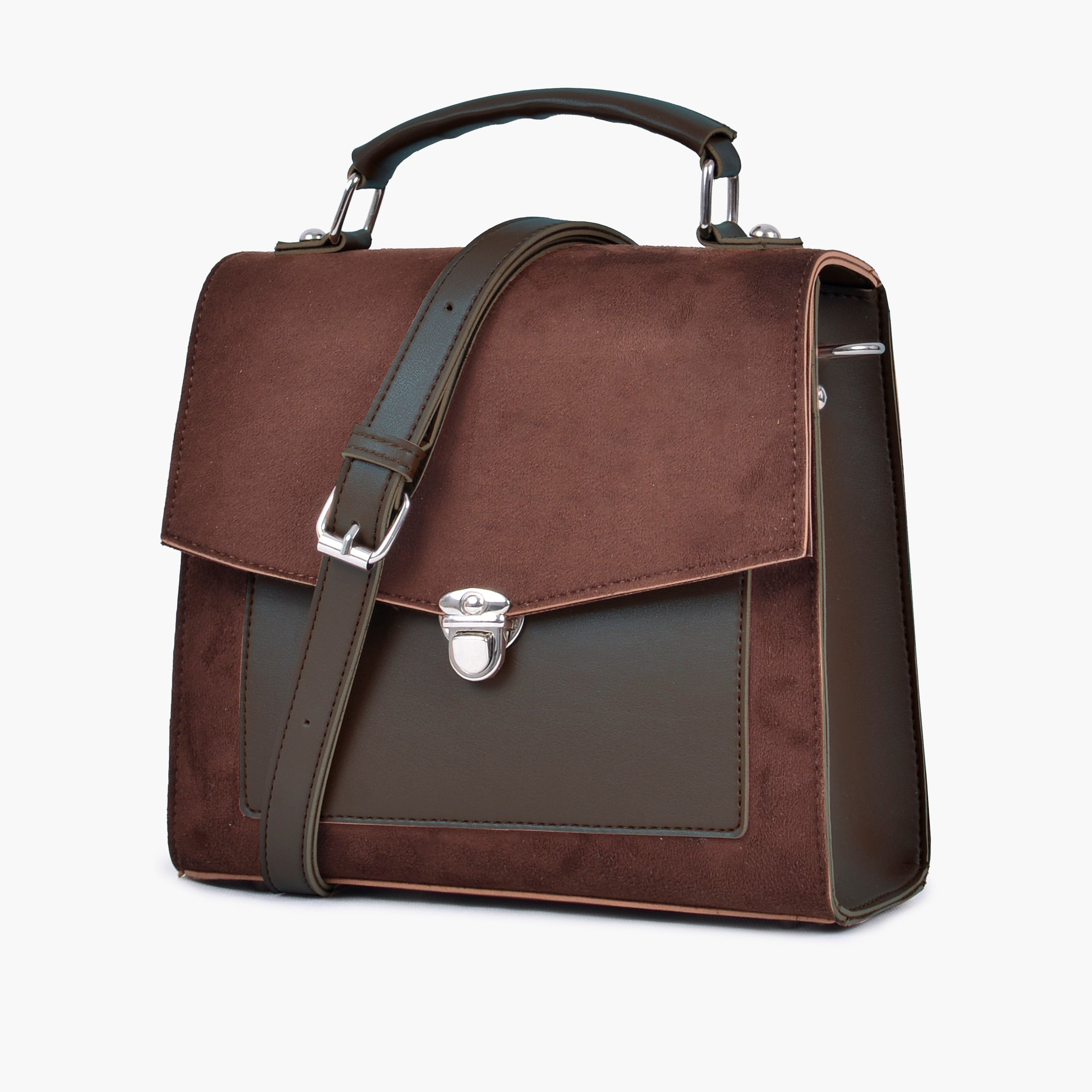 Dark brown suede push-lock messenger bag