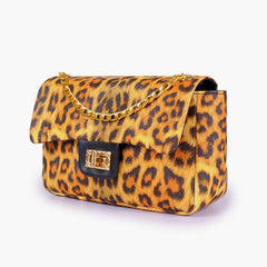 Mustard printed mini bag with chain