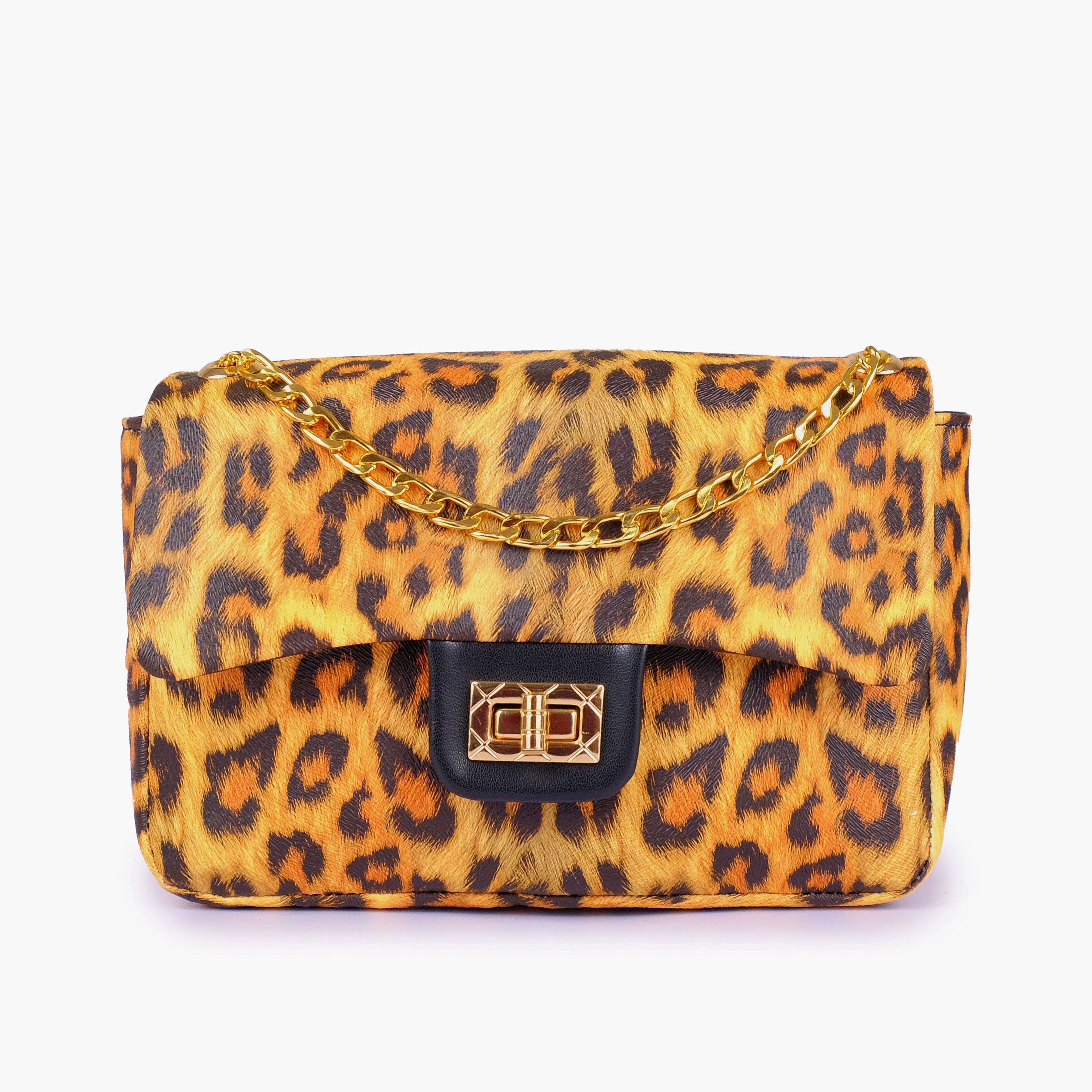 Mustard printed mini bag with chain