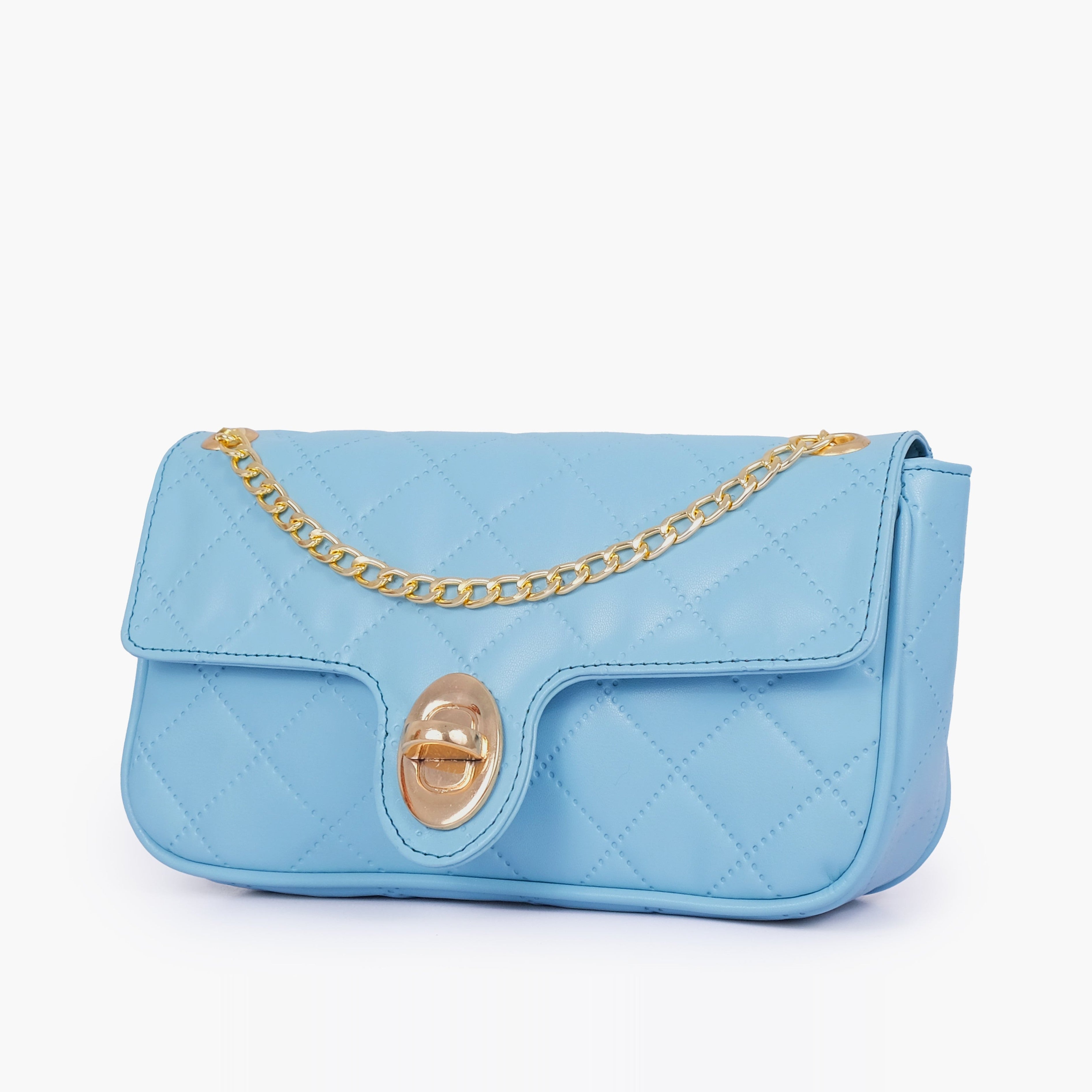 Sky blue quilted small shoulder bag with chain